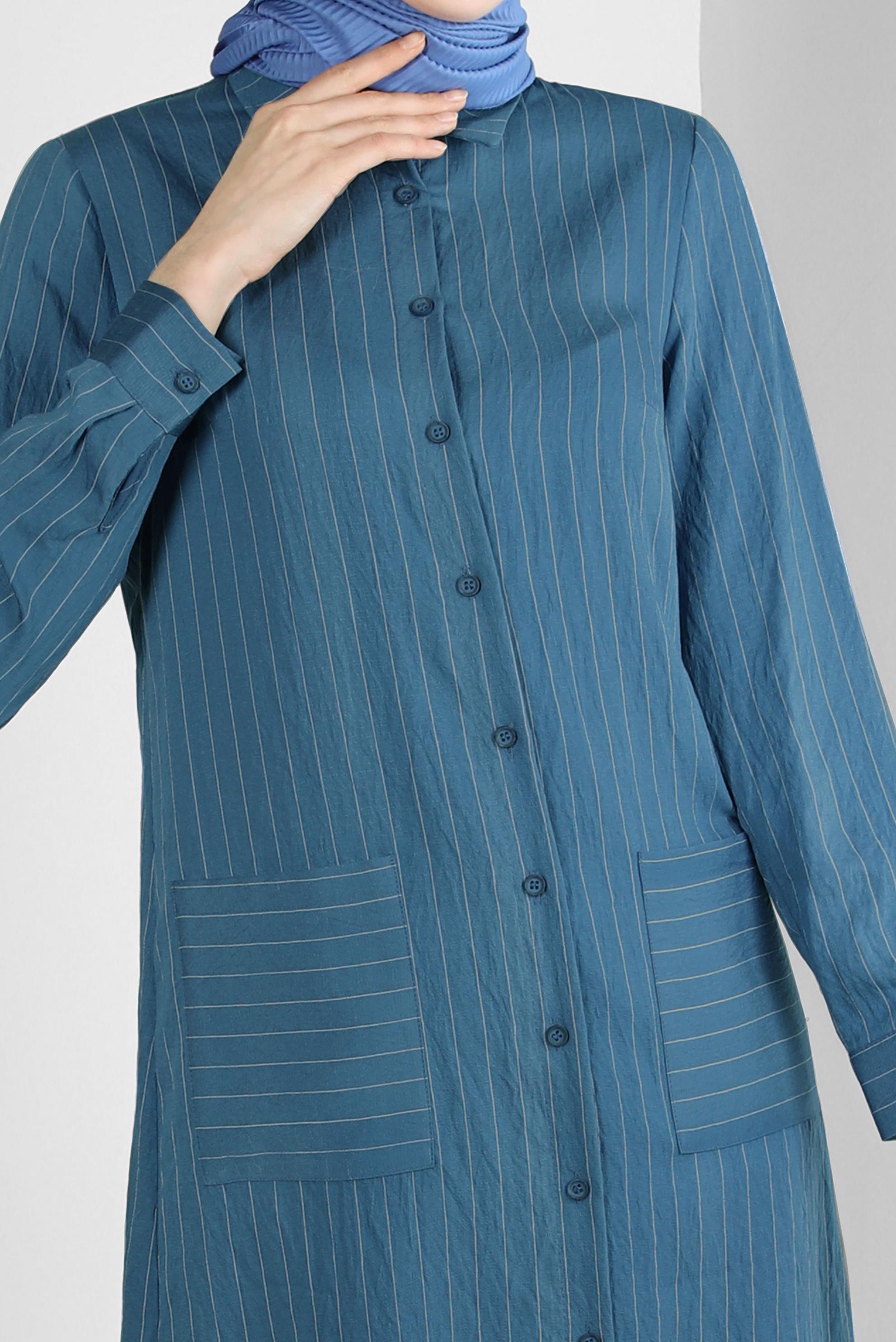 Tesettür giyim LACİVERT ÇİZGİLİ CEP DETAYLI GÖMLEK TUNİK 43770