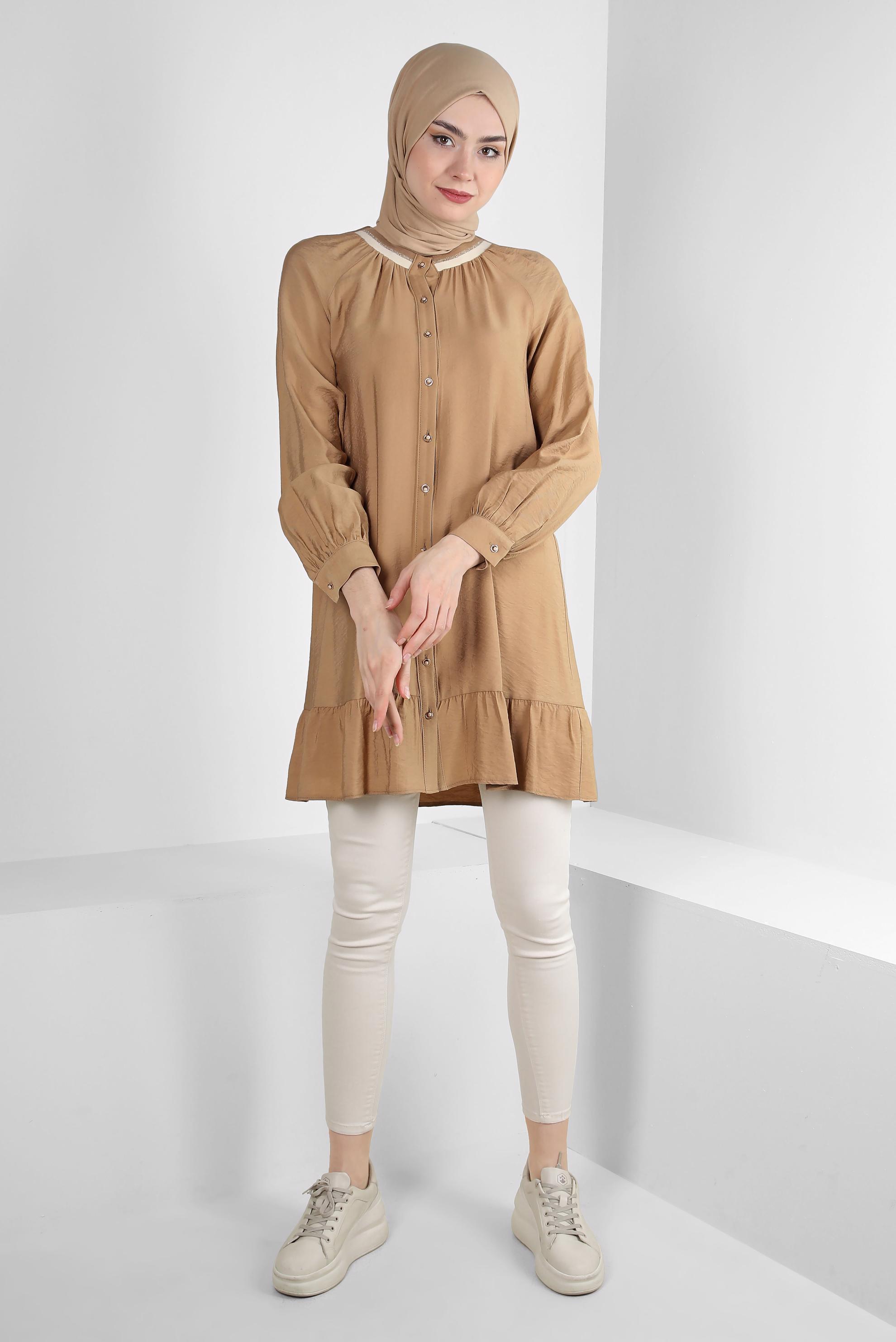 Tesettür giyim KAHVE ETEK UCU VOLANLI GÖMLEK TUNİK 43771