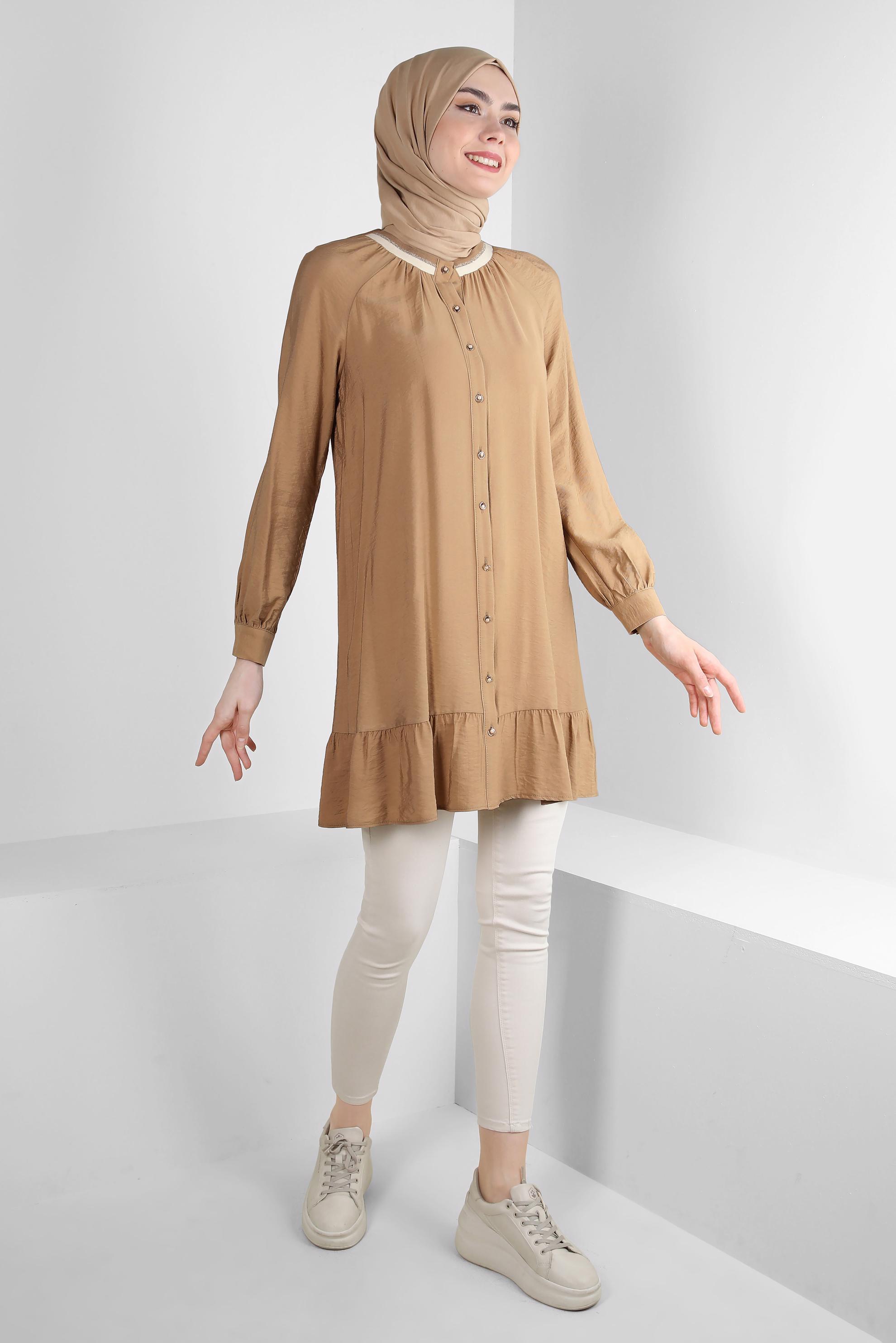 Tesettür giyim KAHVE ETEK UCU VOLANLI GÖMLEK TUNİK 43771