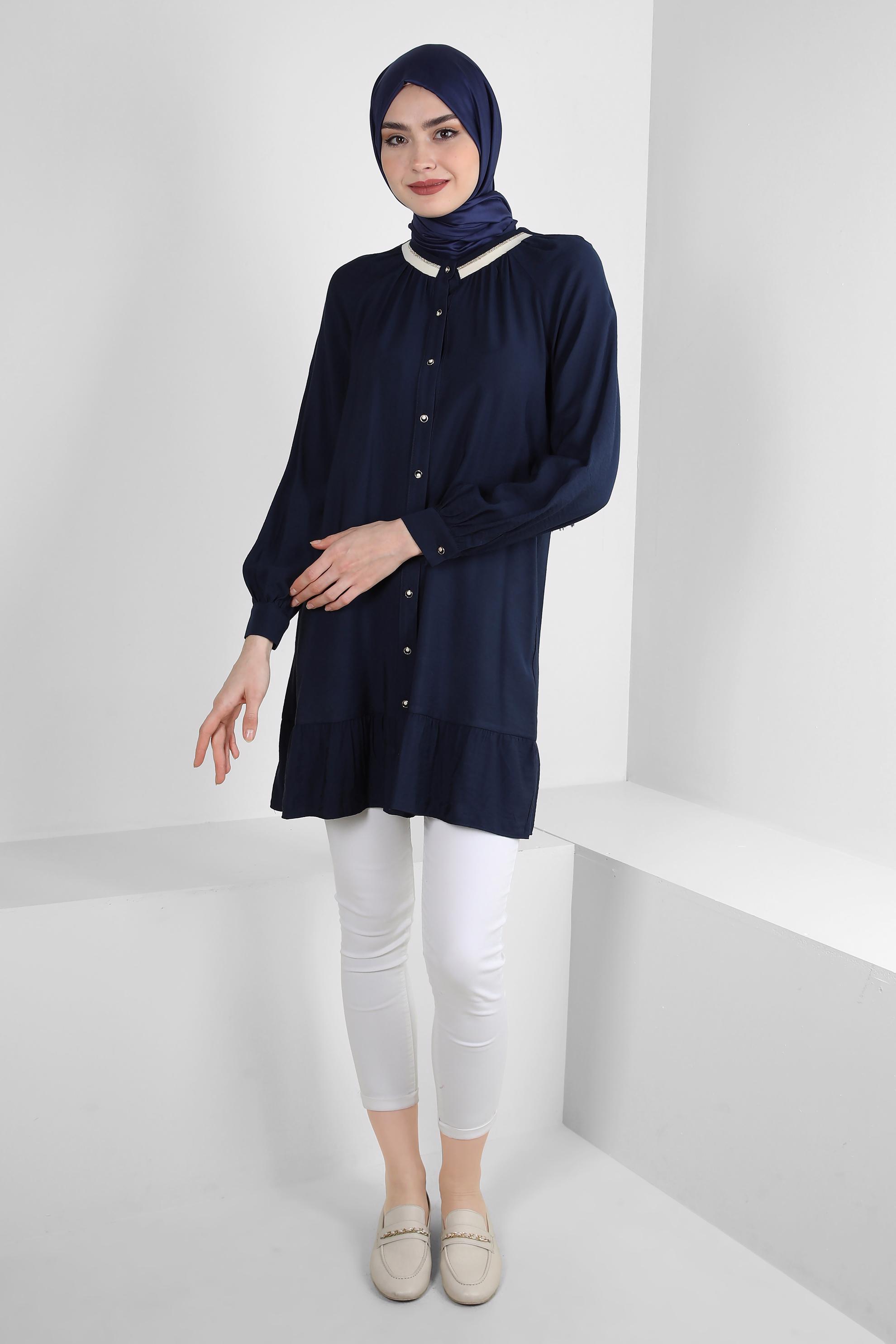 Tesettür giyim LACİVERT ETEK UCU VOLANLI GÖMLEK TUNİK 43771