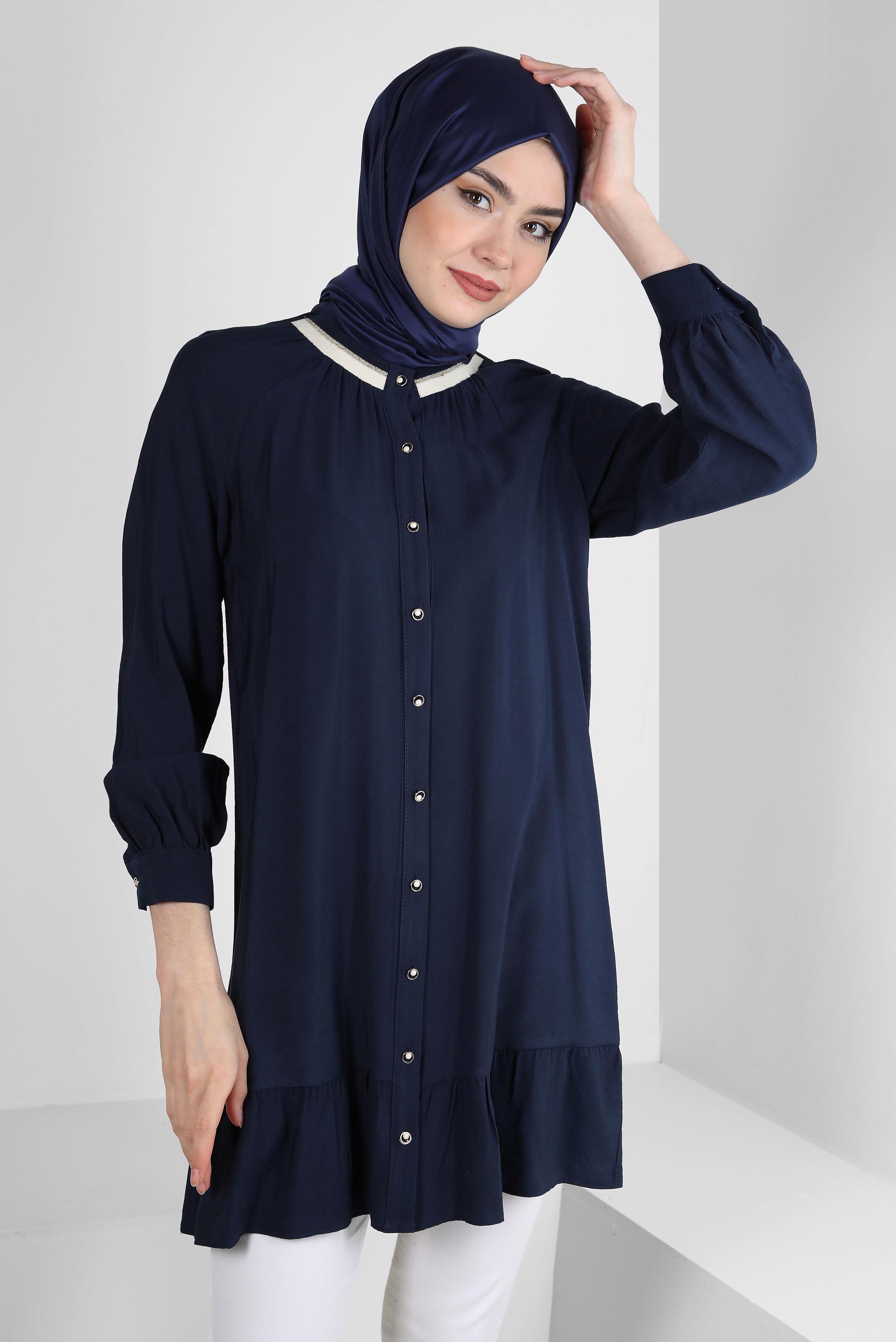 Tesettür giyim LACİVERT ETEK UCU VOLANLI GÖMLEK TUNİK 43771