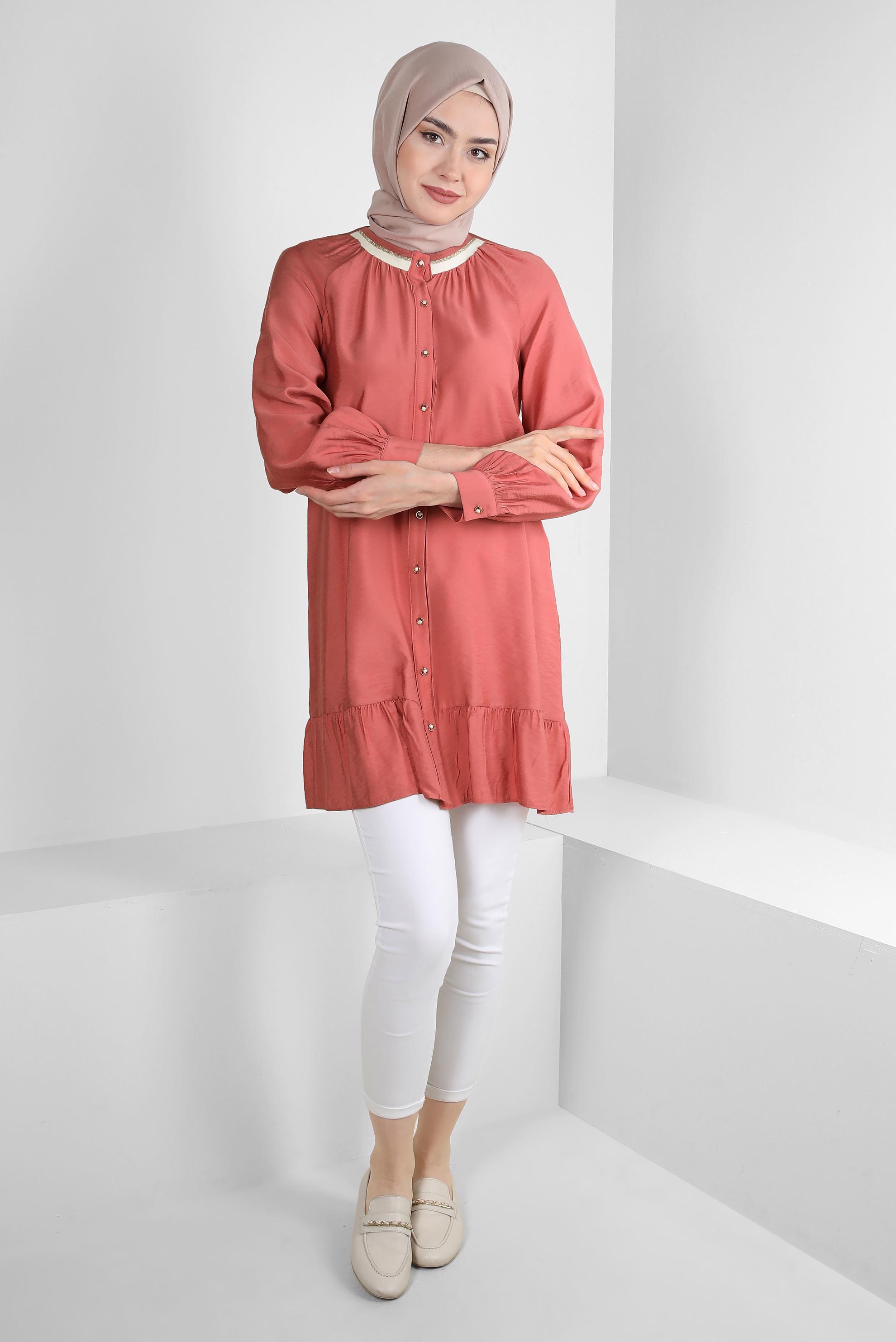Tesettür giyim PUDRA ETEK UCU VOLANLI GÖMLEK TUNİK 43771