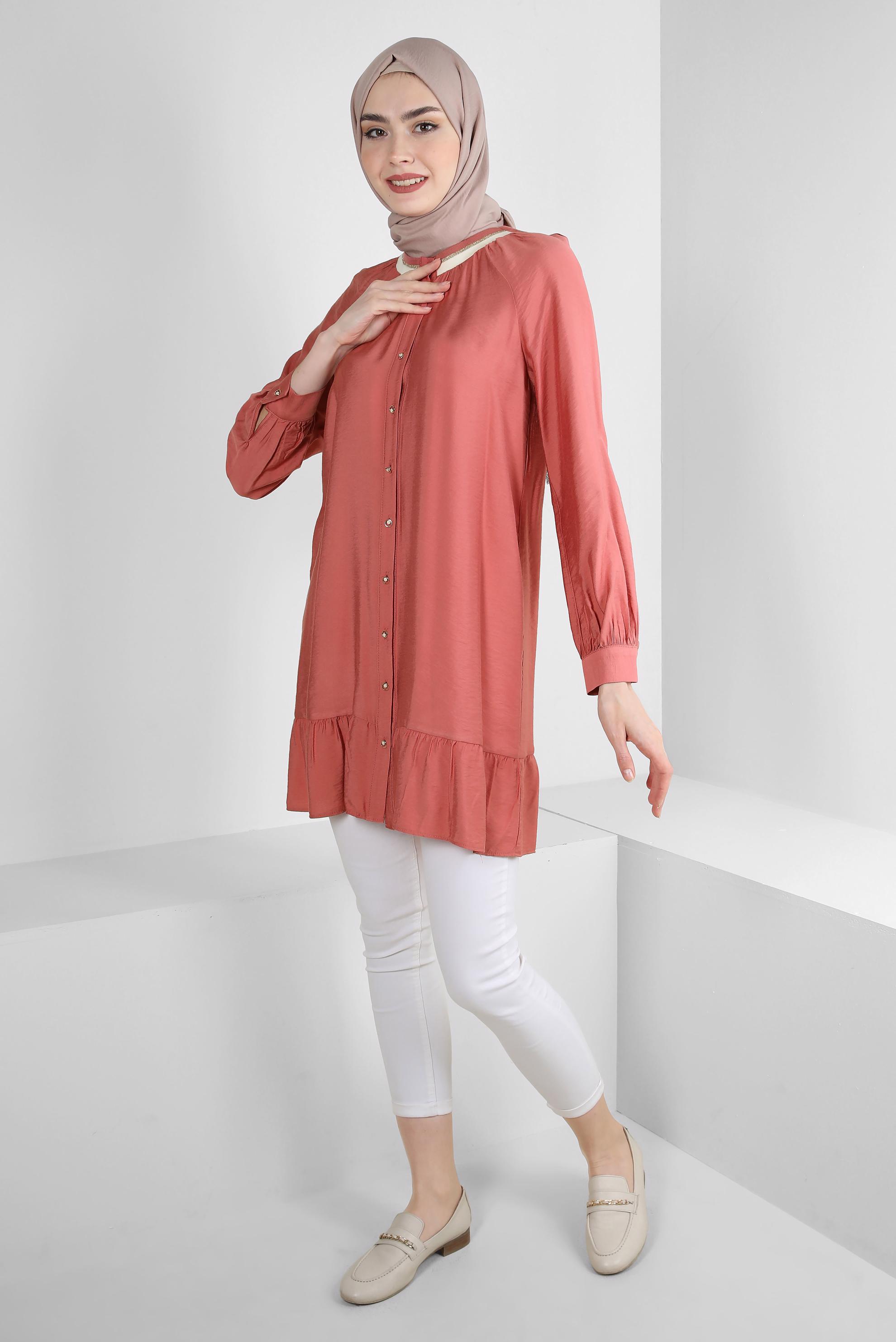 Tesettür giyim PUDRA ETEK UCU VOLANLI GÖMLEK TUNİK 43771