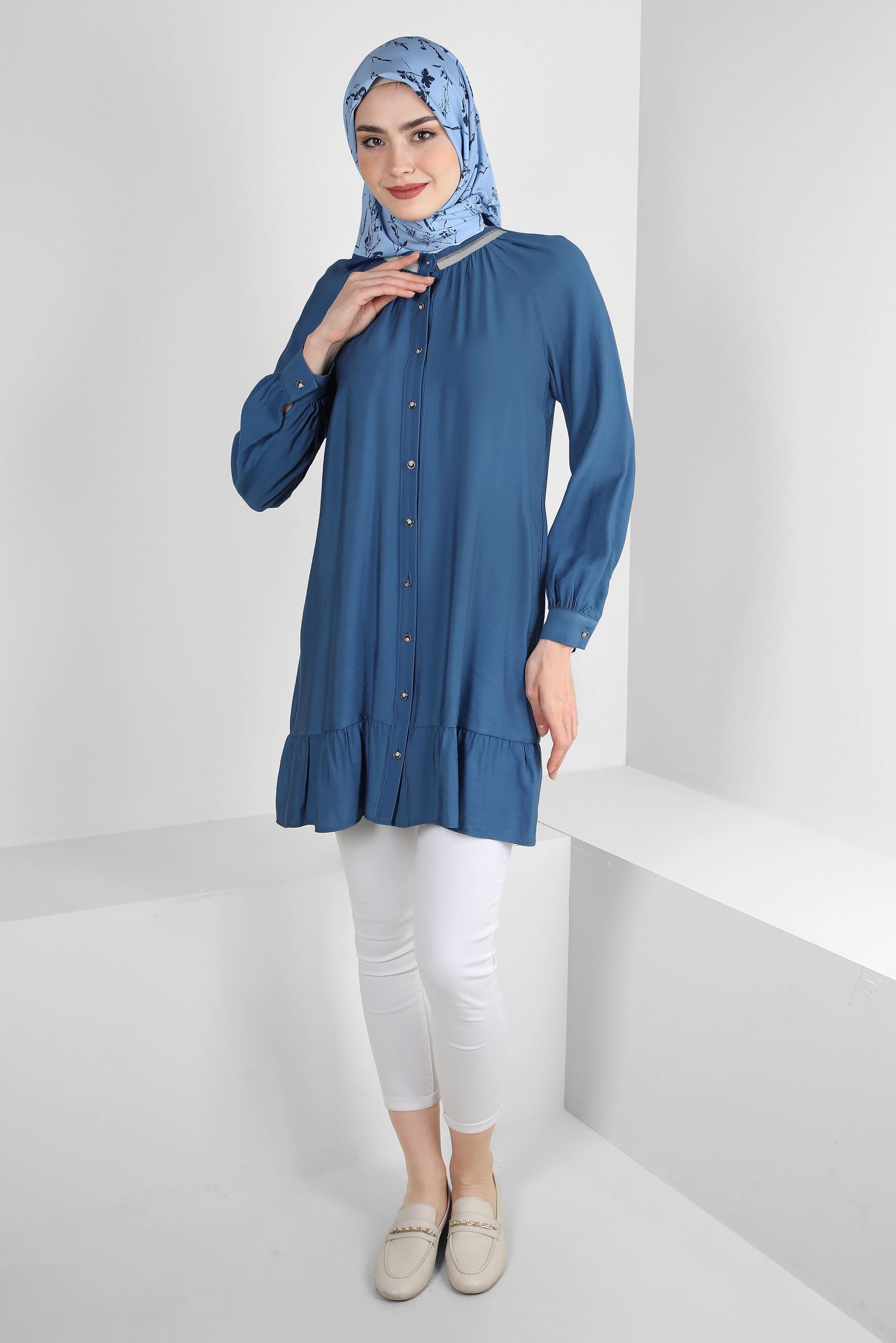 Tesettür giyim LACİVERT ETEK UCU VOLANLI GÖMLEK TUNİK 43771