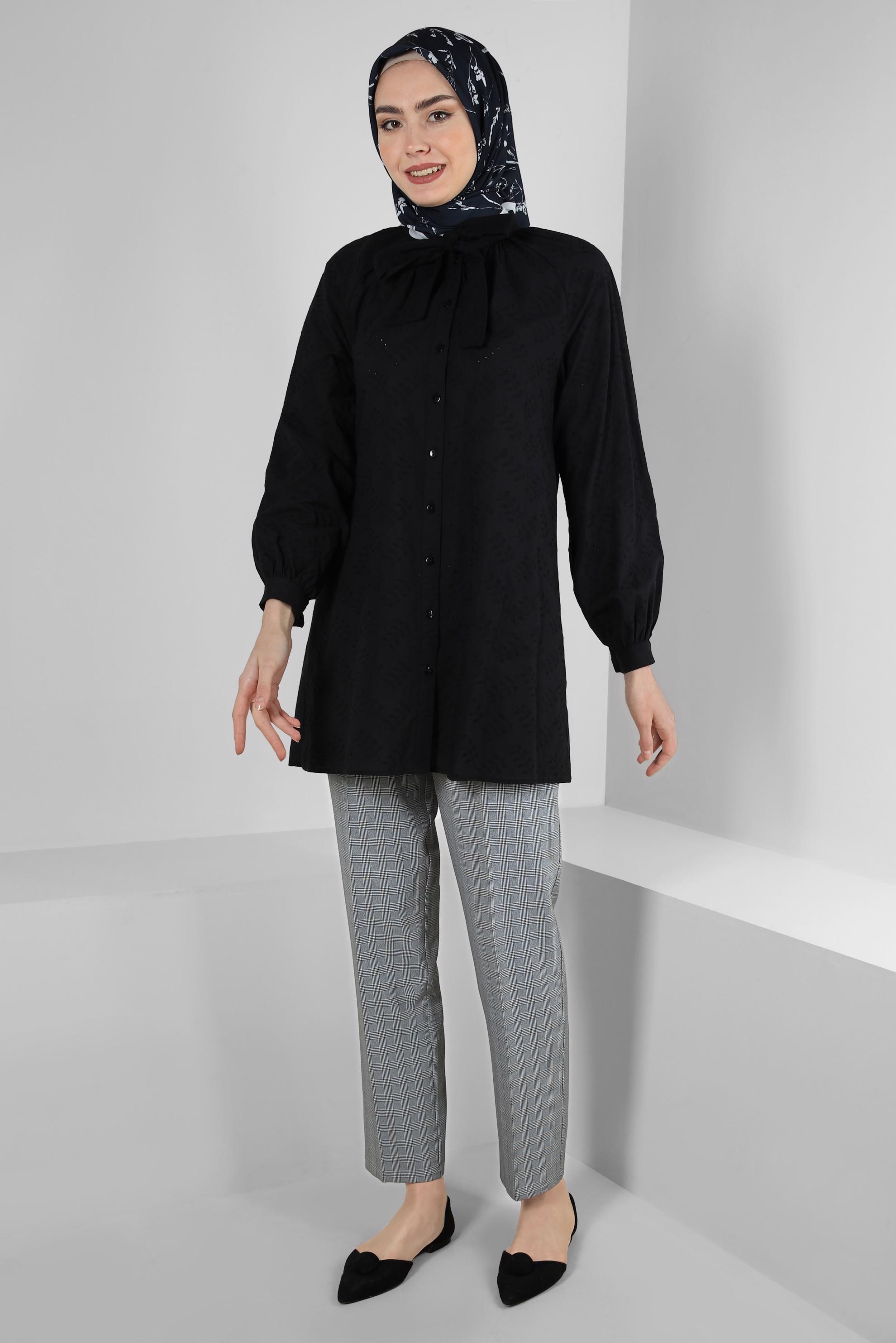 Tesettür giyim SİYAH YAKASI BAĞLAMALI GÖMLEK TUNİK 43773