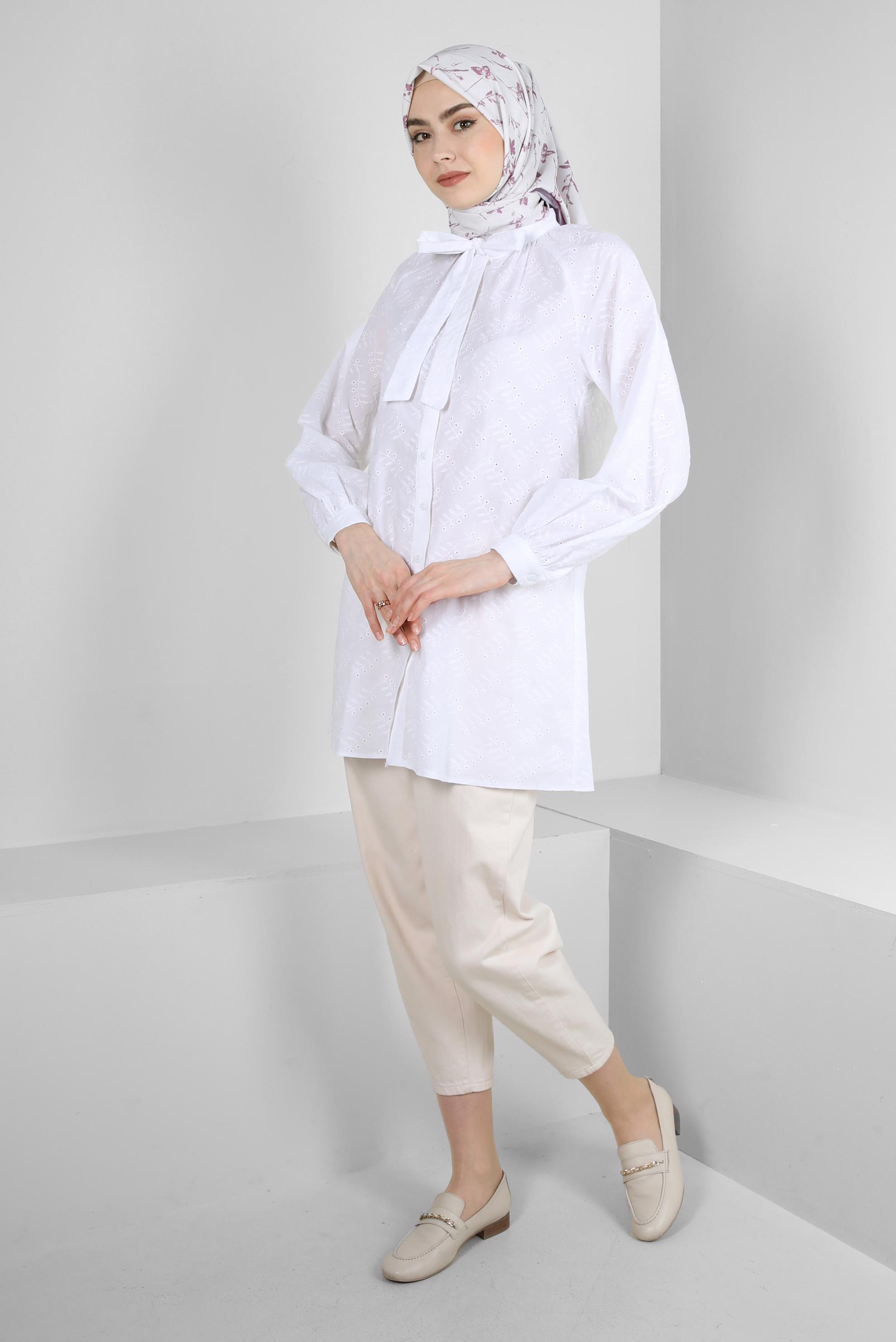 Tesettür giyim BEYAZ YAKASI BAĞLAMALI GÖMLEK TUNİK 43773