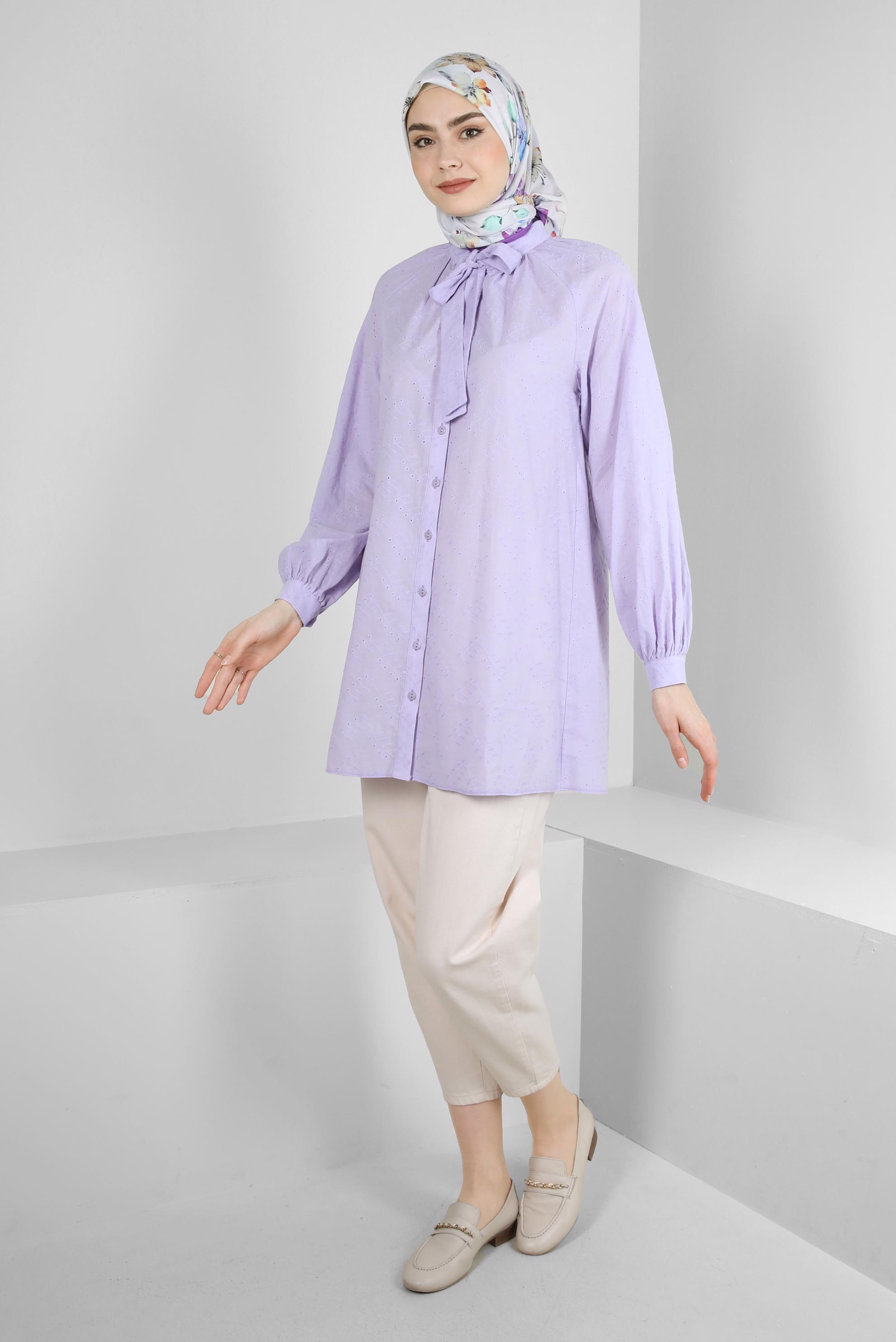 Tesettür giyim MOR YAKASI BAĞLAMALI GÖMLEK TUNİK 43773