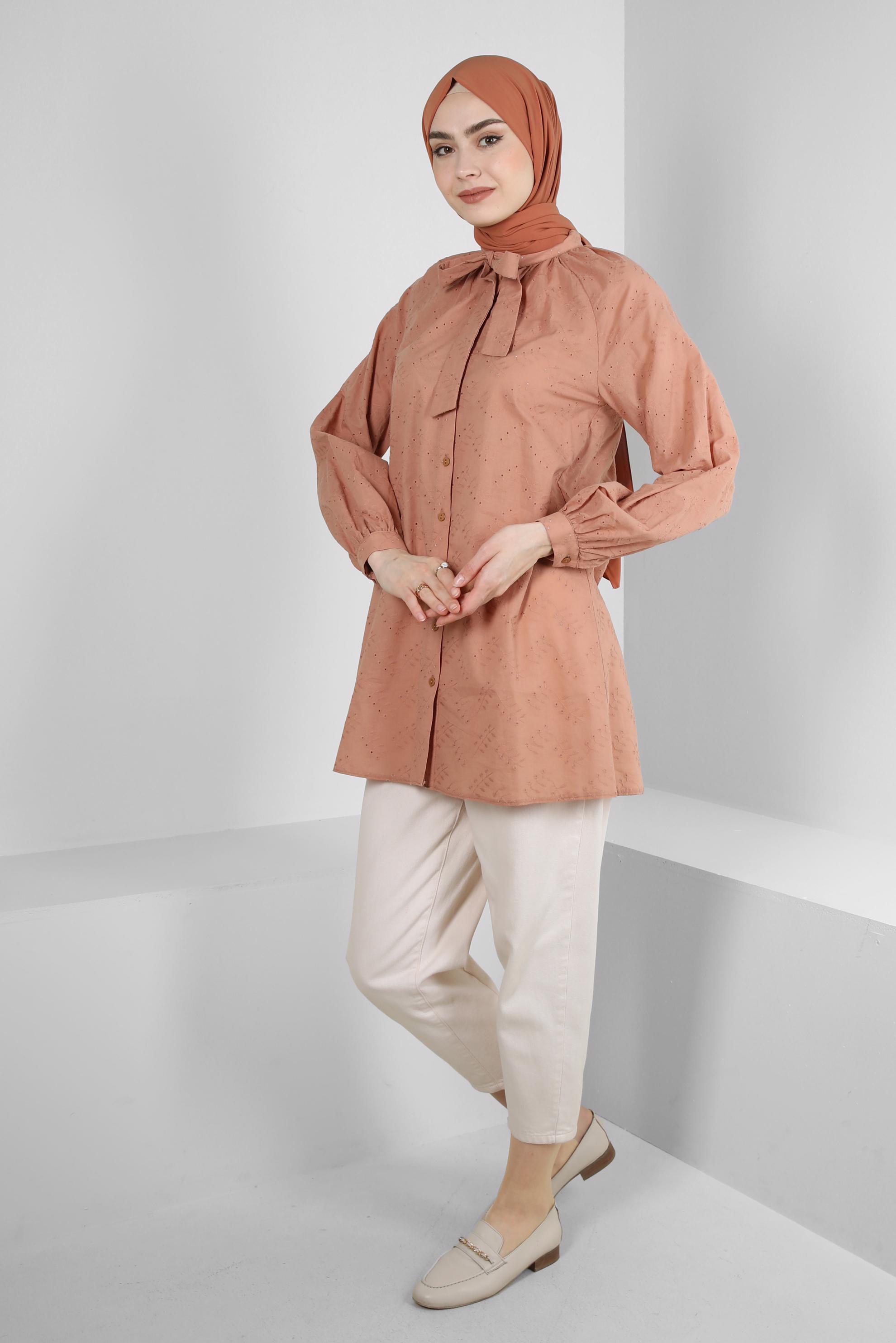 Tesettür giyim KAHVE YAKASI BAĞLAMALI GÖMLEK TUNİK 43773