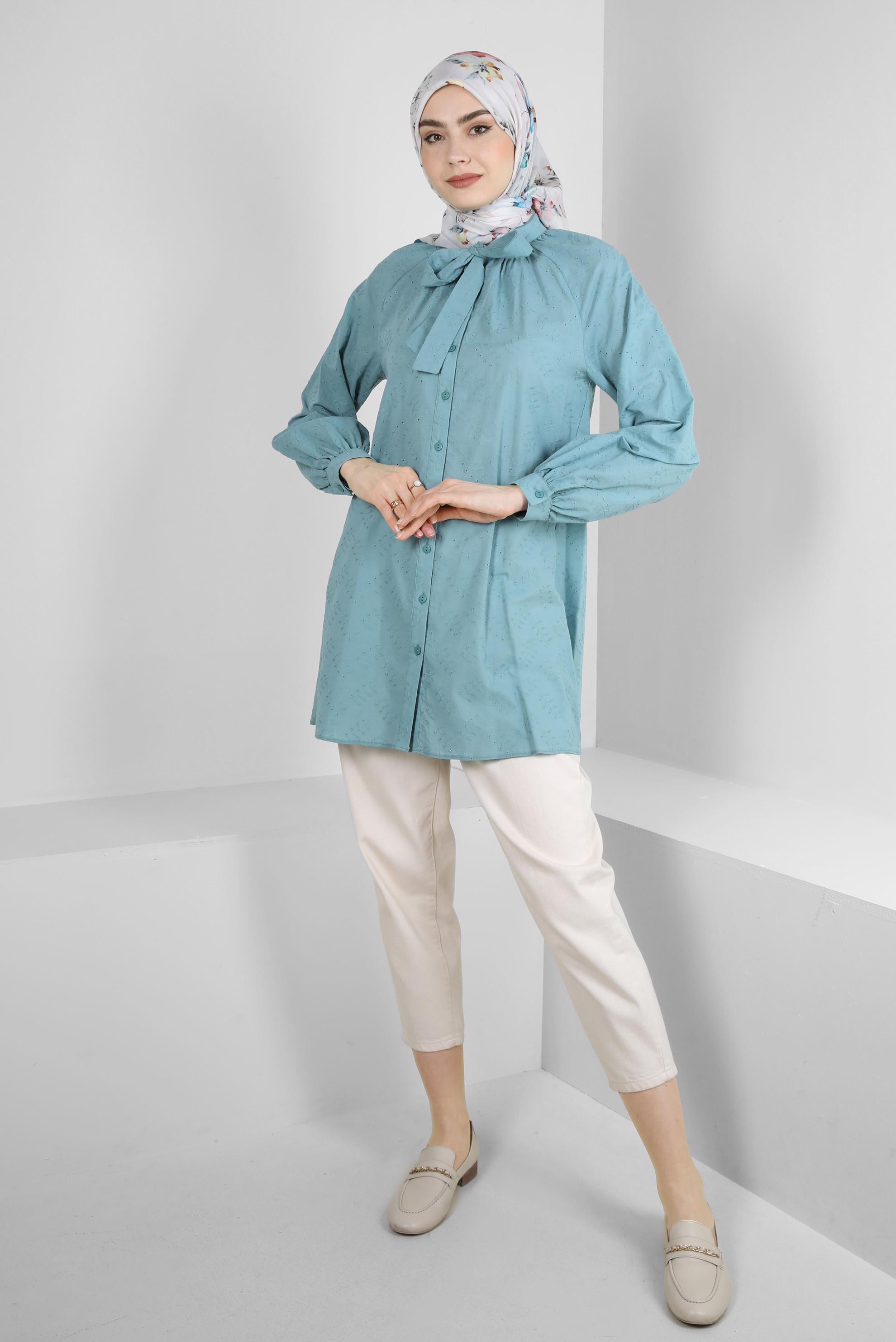 Tesettür giyim MAVİ YAKASI BAĞLAMALI GÖMLEK TUNİK 43773