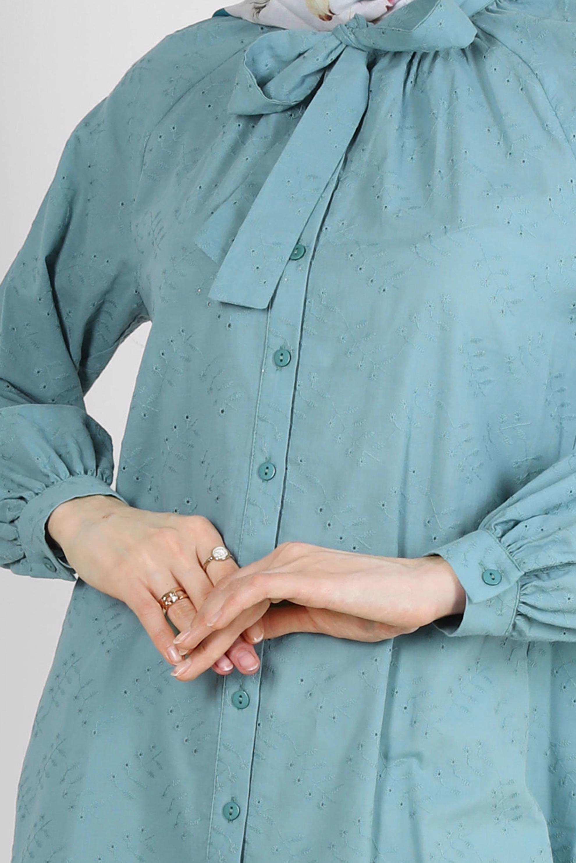 Tesettür giyim MAVİ YAKASI BAĞLAMALI GÖMLEK TUNİK 43773