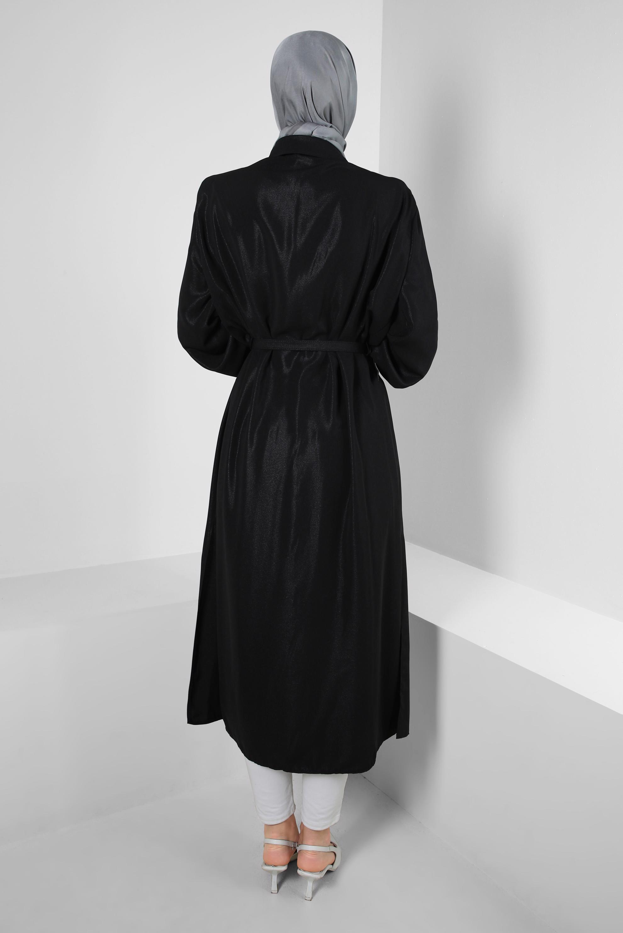 Tesettür giyim SİYAH OMUZLARI TAŞ DETAYLI KEMERLİ TUNİK 43774