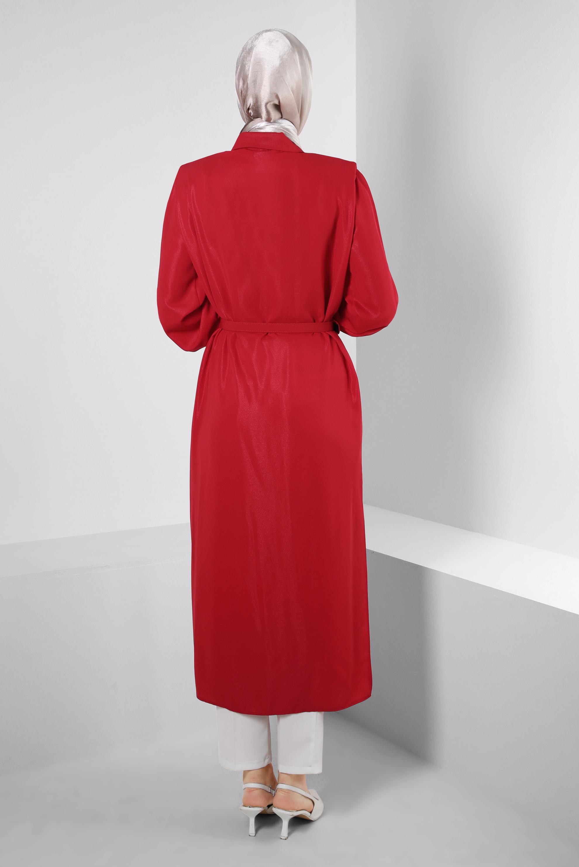 Tesettür giyim KIRMIZI OMUZLARI TAŞ DETAYLI KEMERLİ TUNİK 43774