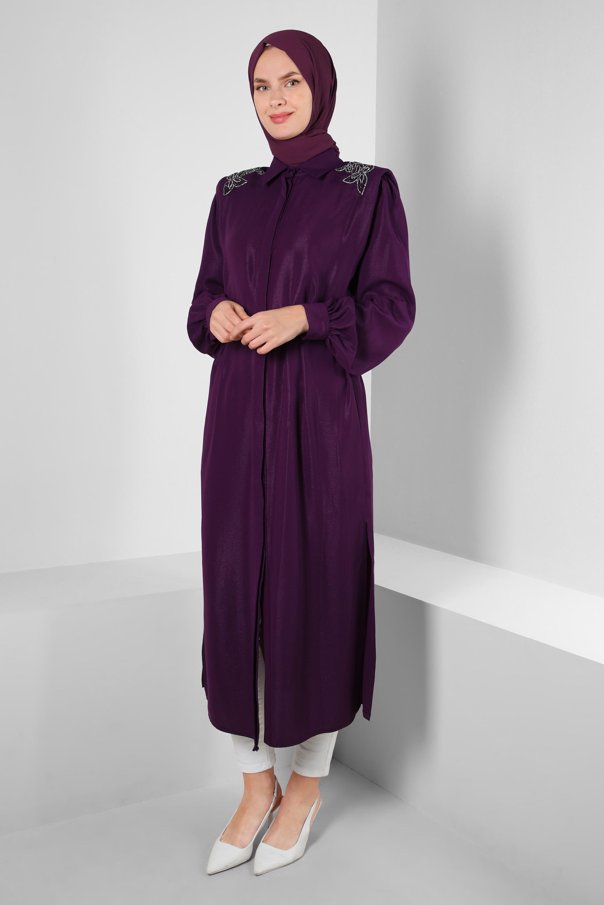 Tesettür giyim MOR OMUZLARI TAŞ DETAYLI KEMERLİ TUNİK 43774