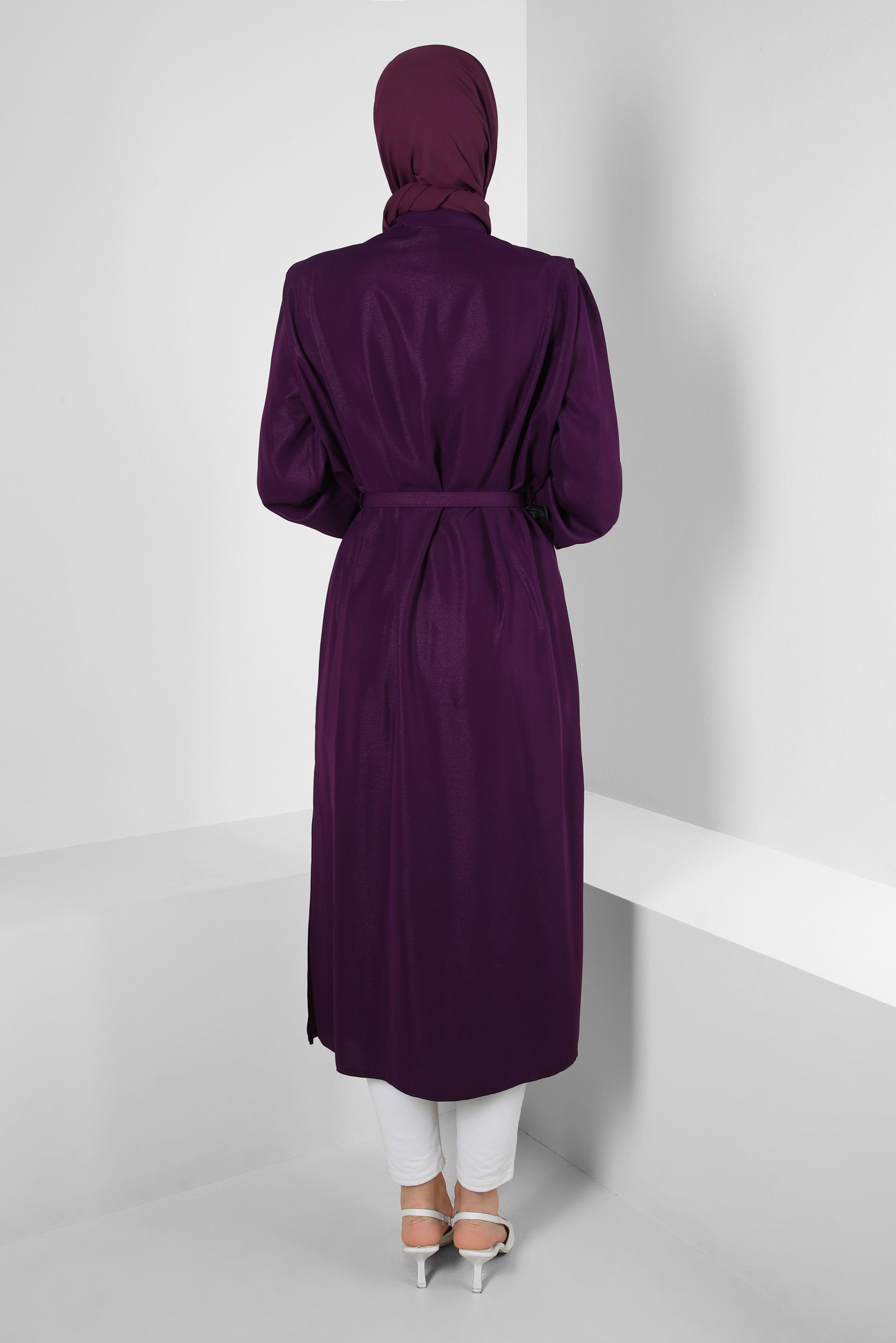 Tesettür giyim MOR OMUZLARI TAŞ DETAYLI KEMERLİ TUNİK 43774