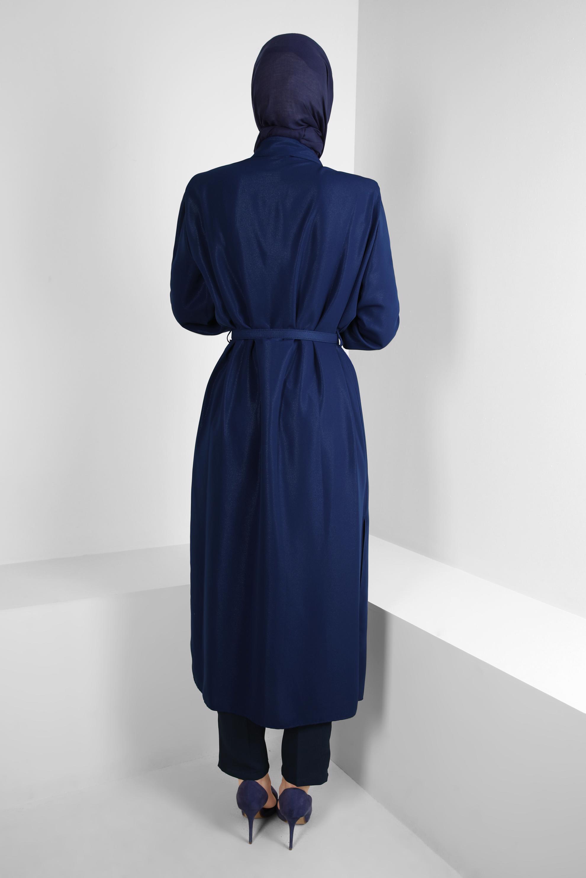 Tesettür giyim LACİVERT OMUZLARI TAŞ DETAYLI KEMERLİ TUNİK 43774