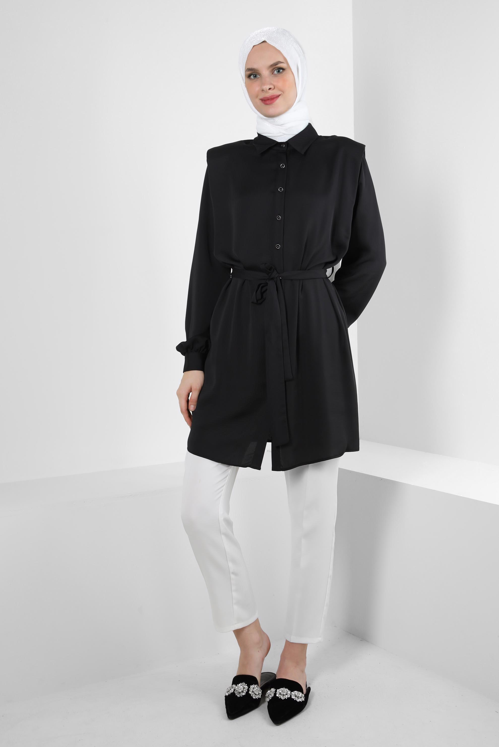 Tesettür giyim SİYAH KUŞAKLI VATKALI GÖMLEK TUNİK 43775