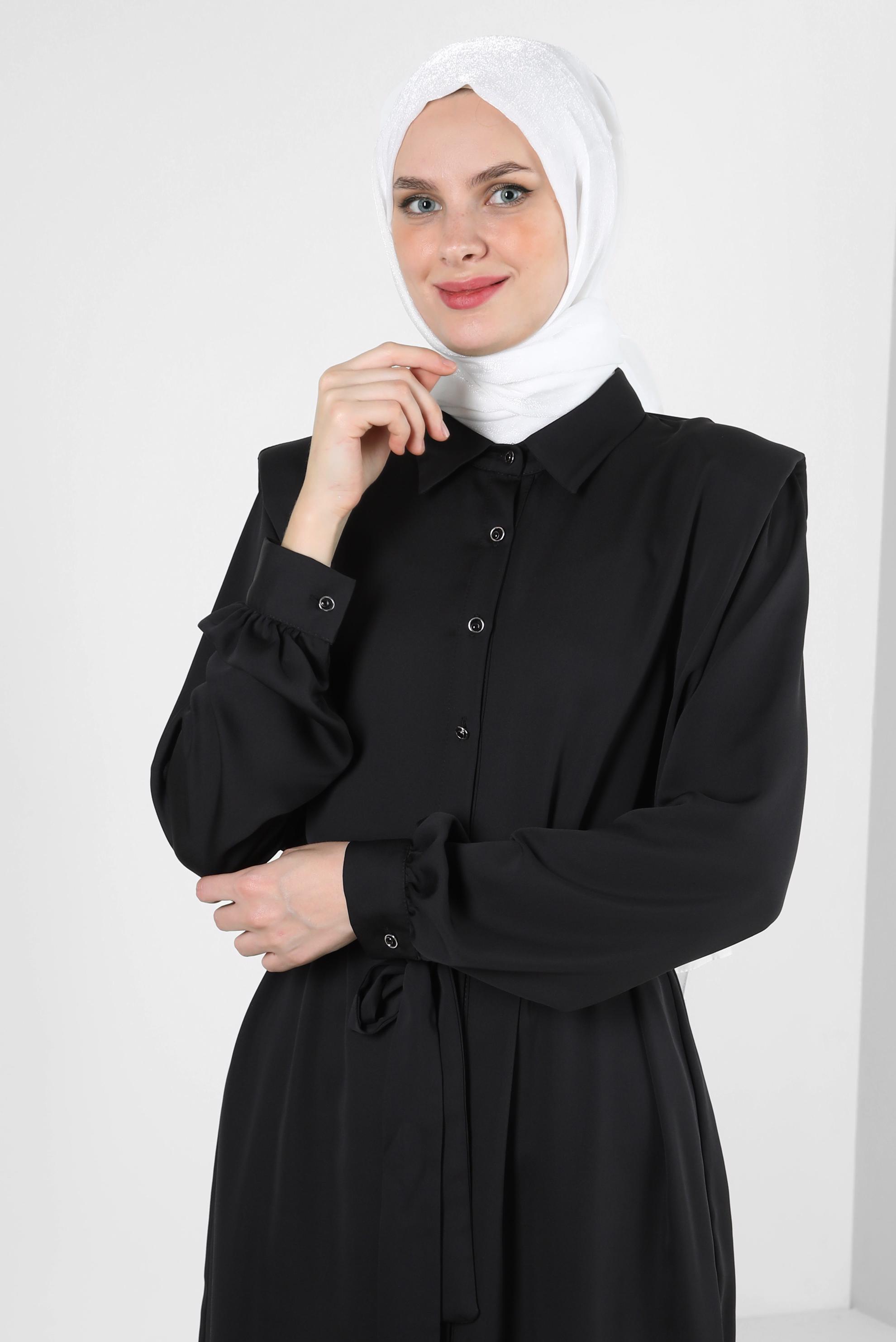 Tesettür giyim SİYAH KUŞAKLI VATKALI GÖMLEK TUNİK 43775