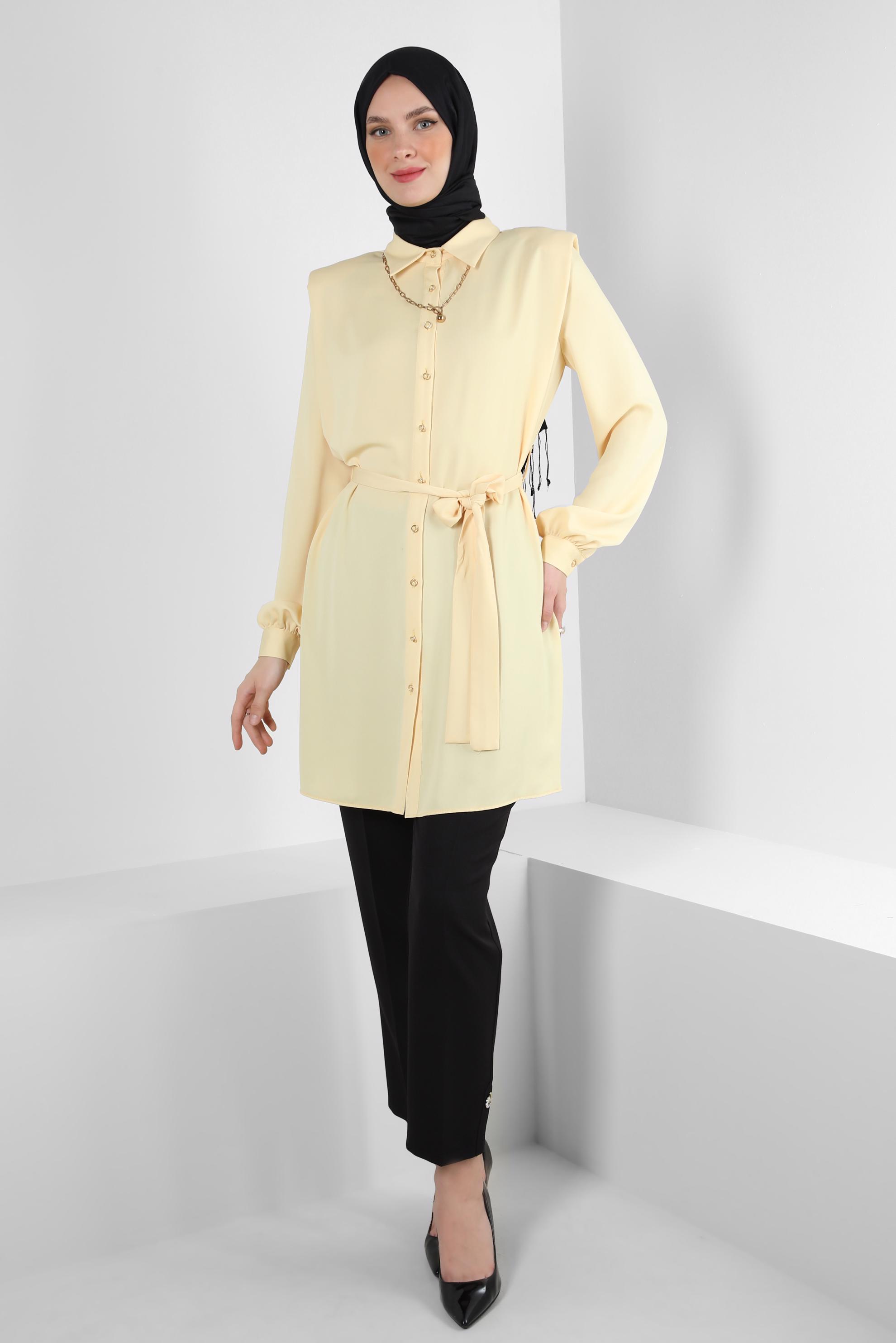 Tesettür giyim SARI KUŞAKLI VATKALI GÖMLEK TUNİK 43775