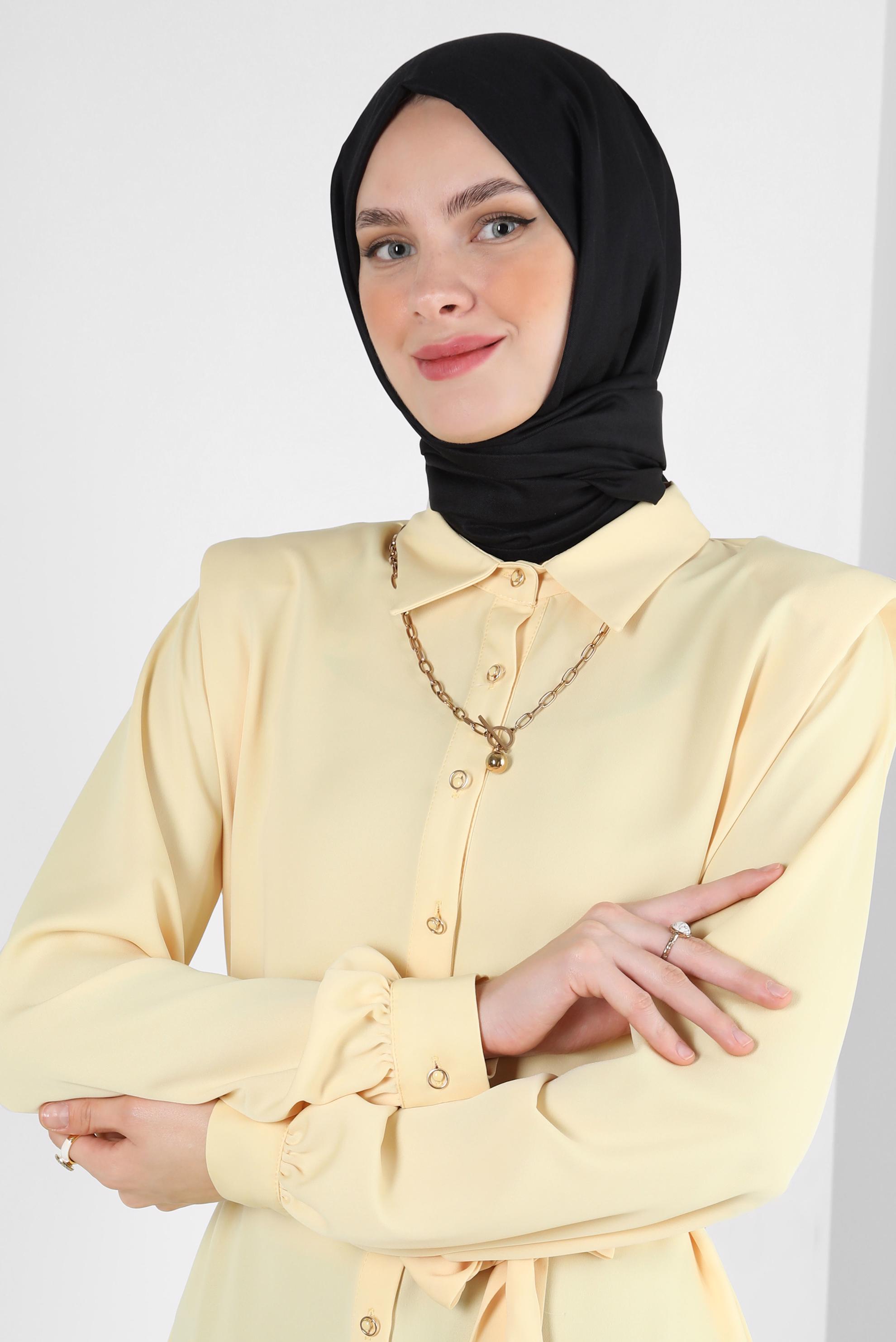 Tesettür giyim SARI KUŞAKLI VATKALI GÖMLEK TUNİK 43775