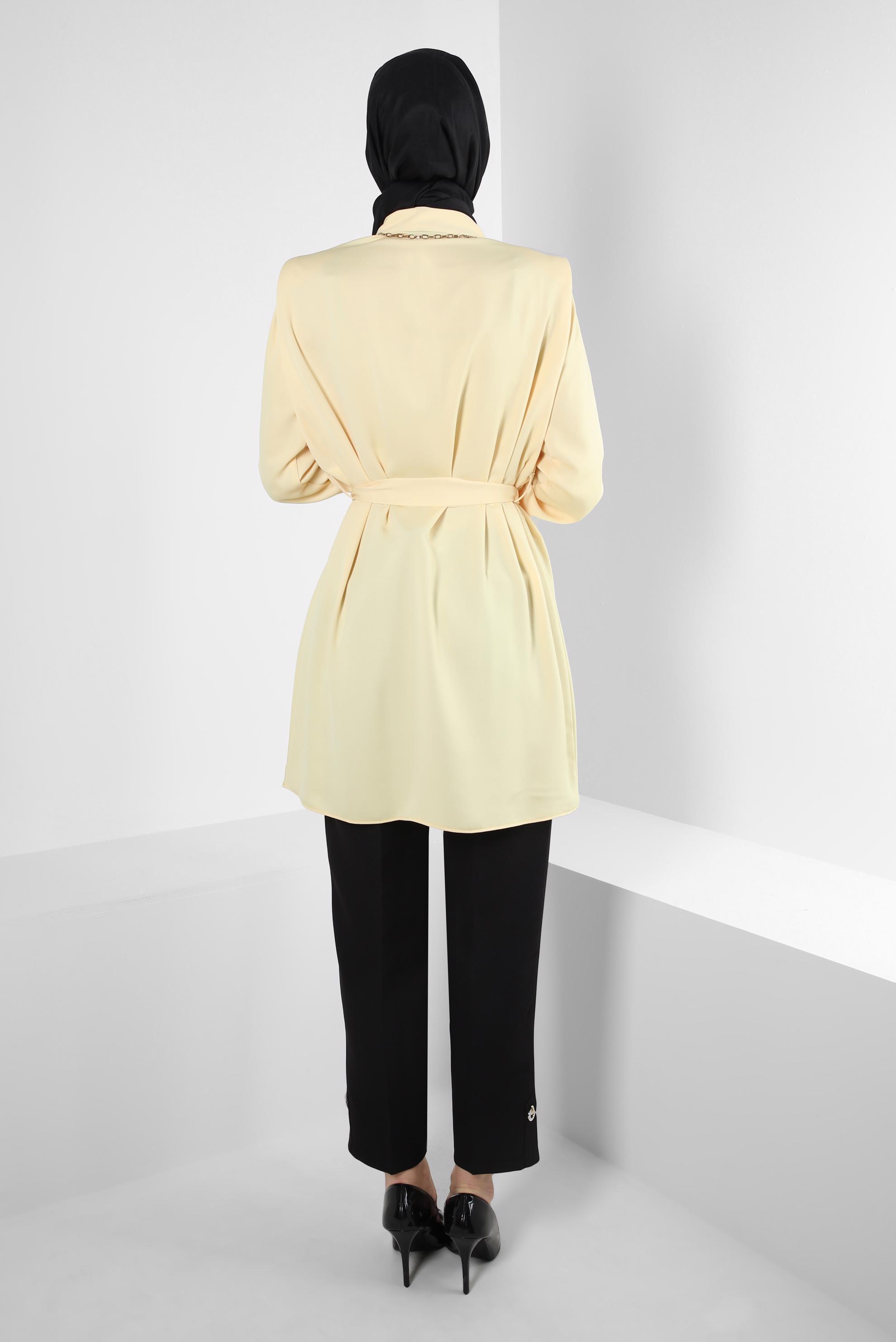 Tesettür giyim SARI KUŞAKLI VATKALI GÖMLEK TUNİK 43775