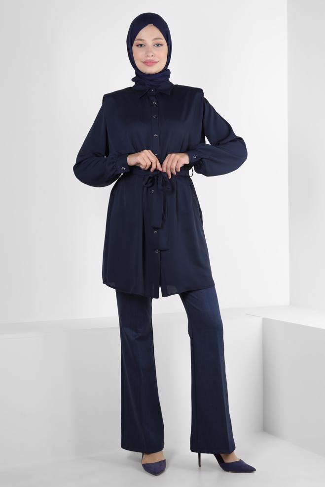 Tesettür giyim  KUŞAKLI VATKALI GÖMLEK TUNİK 43775 - ALVİNA