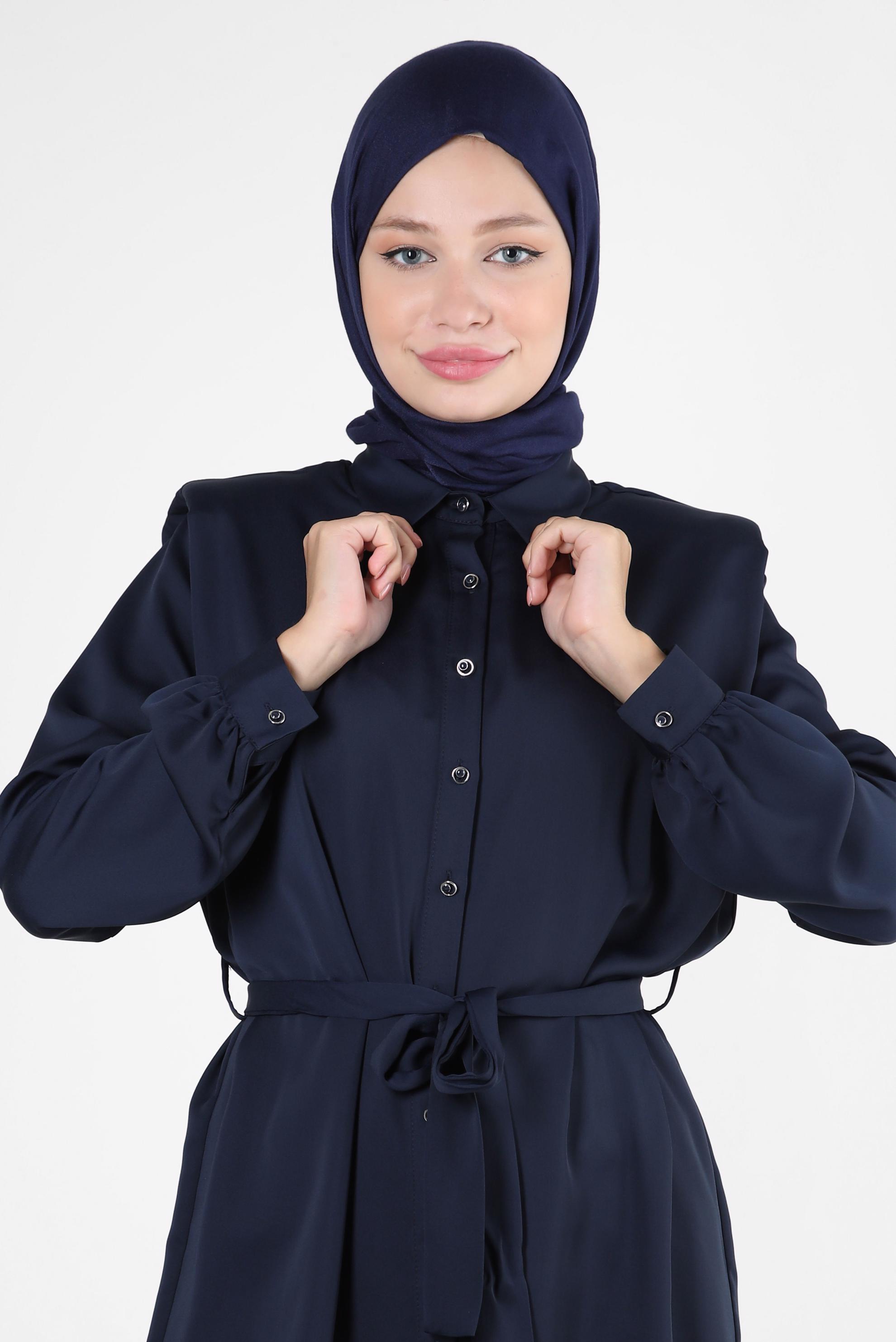 Tesettür giyim LACİVERT KUŞAKLI VATKALI GÖMLEK TUNİK 43775