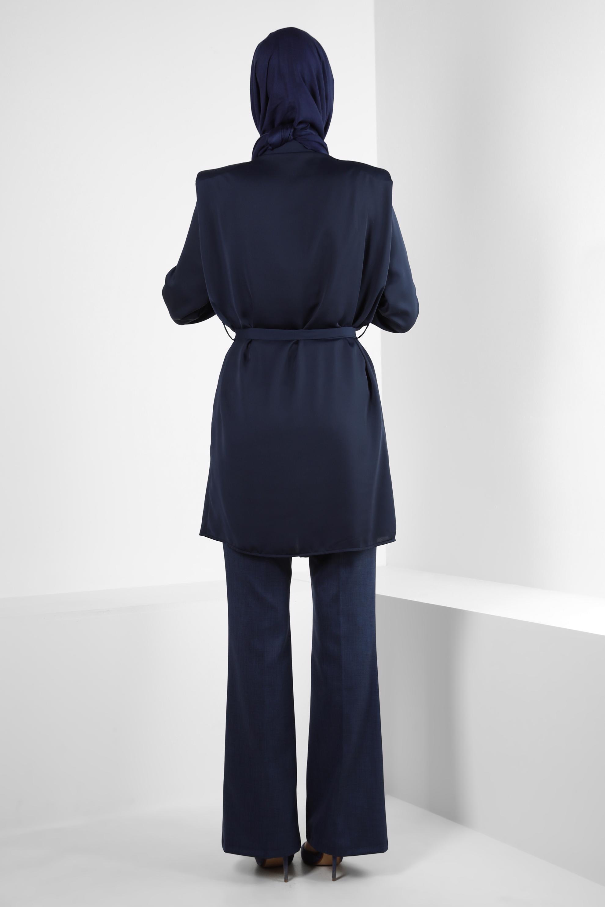 Tesettür giyim LACİVERT KUŞAKLI VATKALI GÖMLEK TUNİK 43775