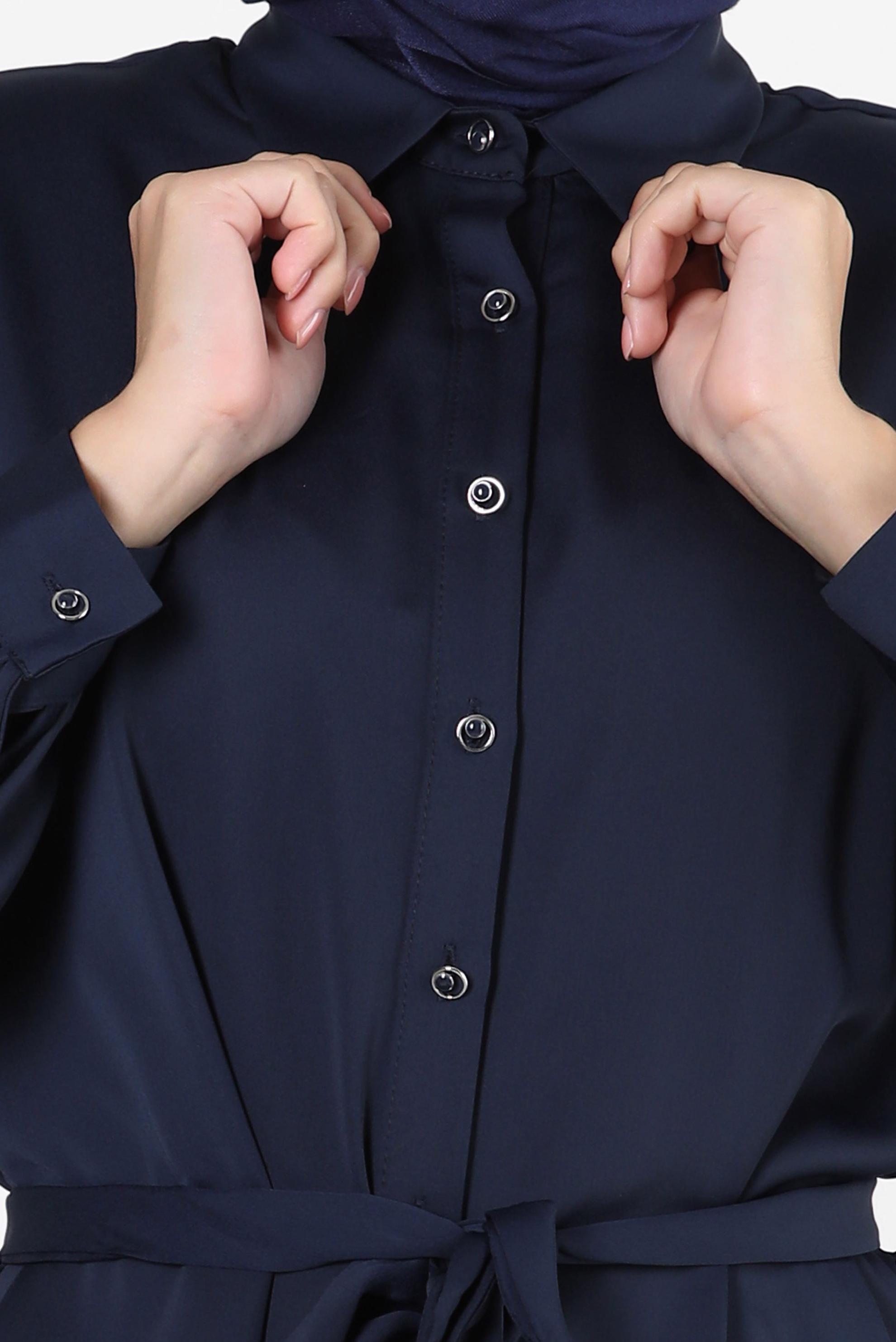 Tesettür giyim LACİVERT KUŞAKLI VATKALI GÖMLEK TUNİK 43775