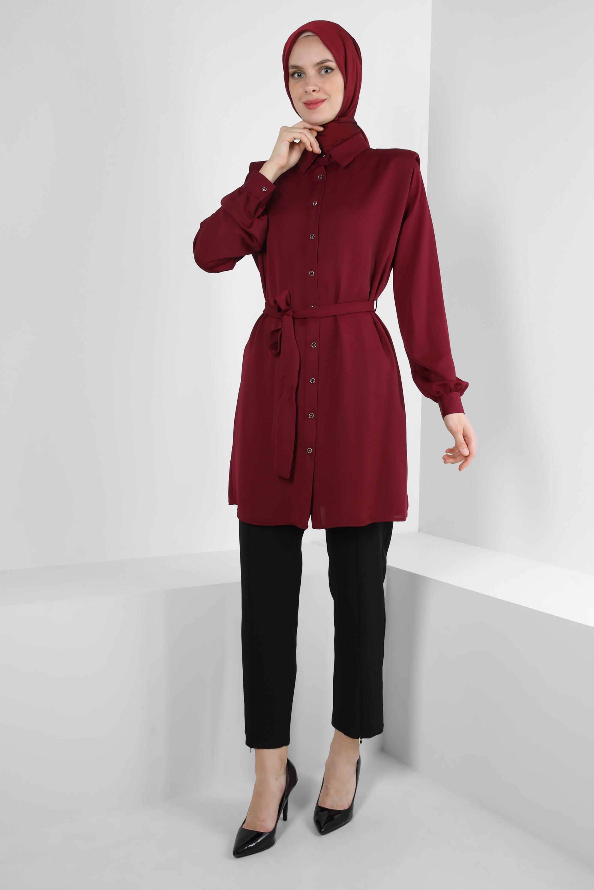 Tesettür giyim MÜRDÜM KUŞAKLI VATKALI GÖMLEK TUNİK 43775