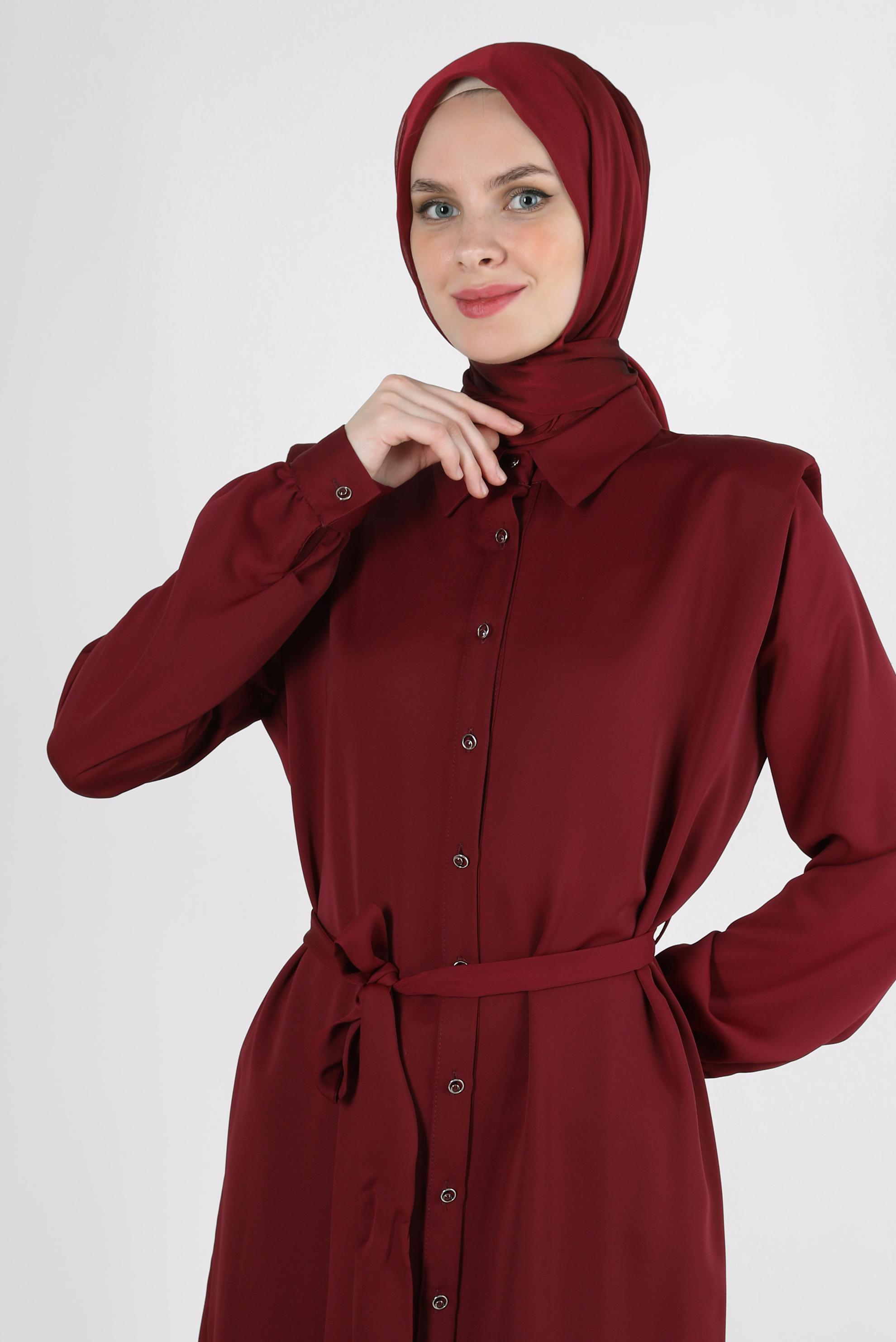 Tesettür giyim MÜRDÜM KUŞAKLI VATKALI GÖMLEK TUNİK 43775