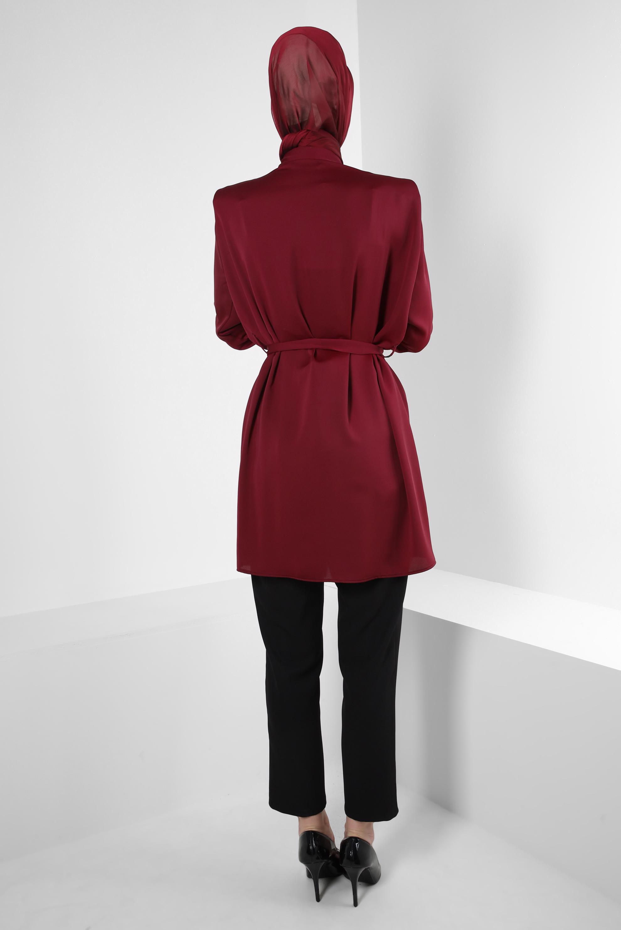 Tesettür giyim MÜRDÜM KUŞAKLI VATKALI GÖMLEK TUNİK 43775