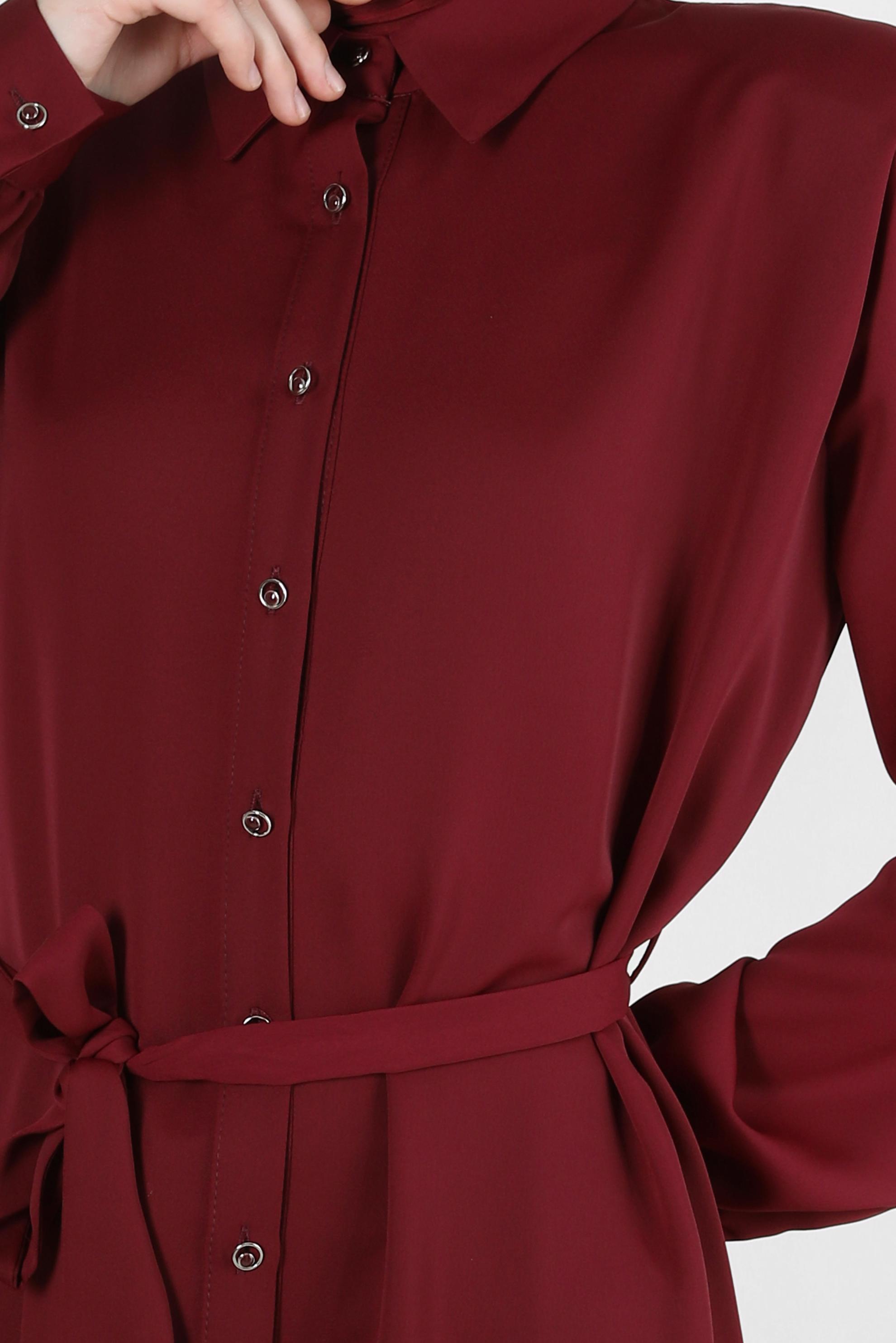 Tesettür giyim MÜRDÜM KUŞAKLI VATKALI GÖMLEK TUNİK 43775