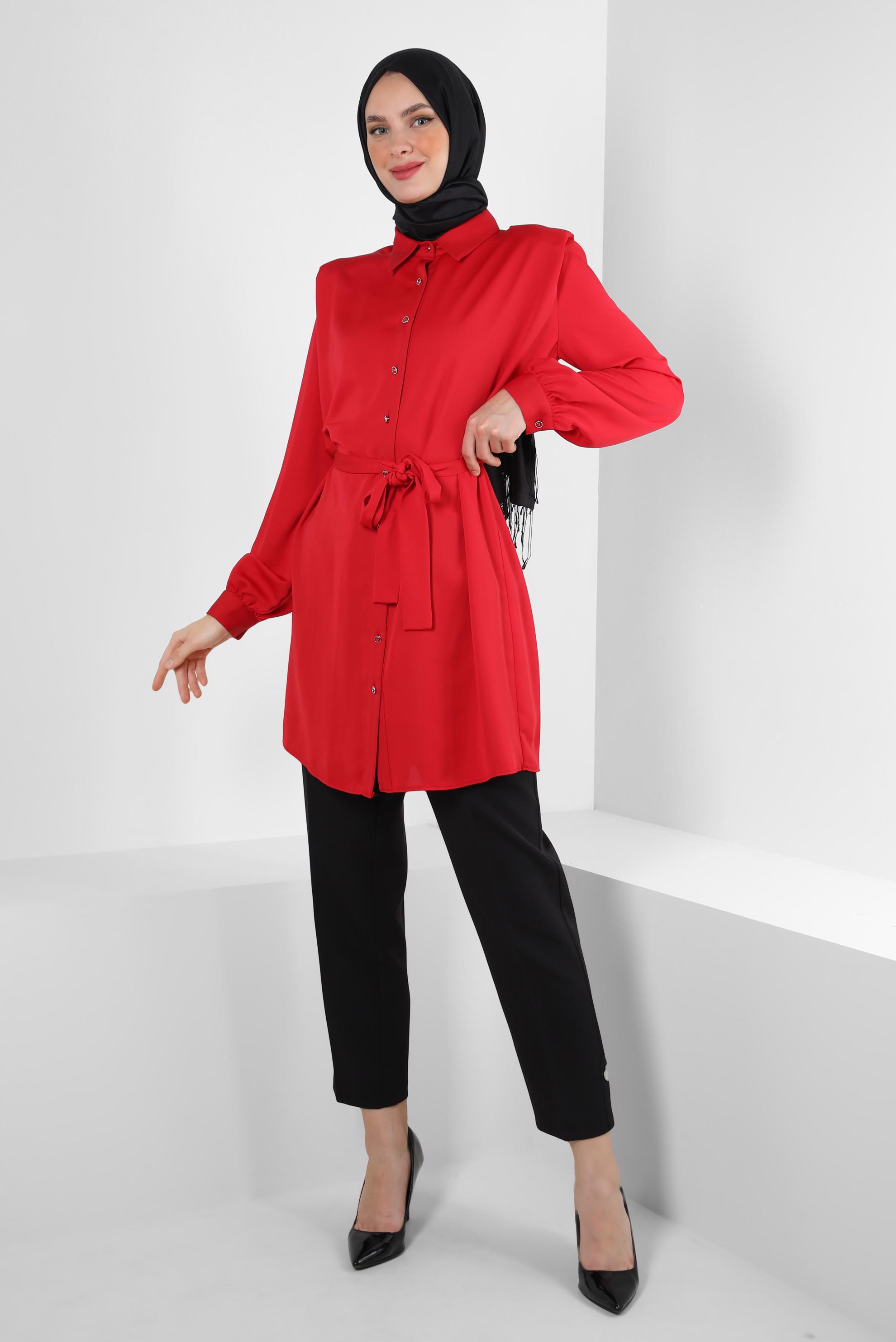 Tesettür giyim KIRMIZI KUŞAKLI VATKALI GÖMLEK TUNİK 43775