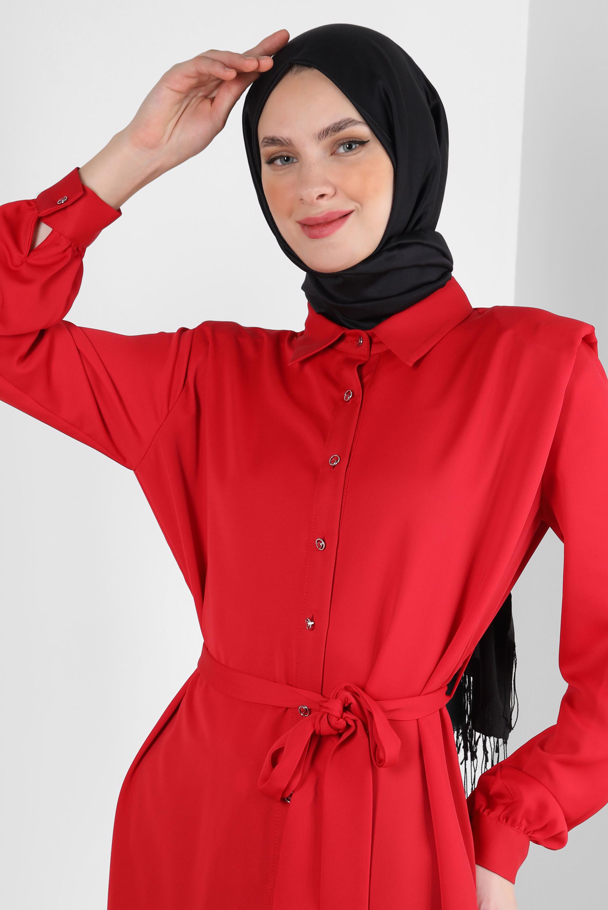 Tesettür giyim KIRMIZI KUŞAKLI VATKALI GÖMLEK TUNİK 43775