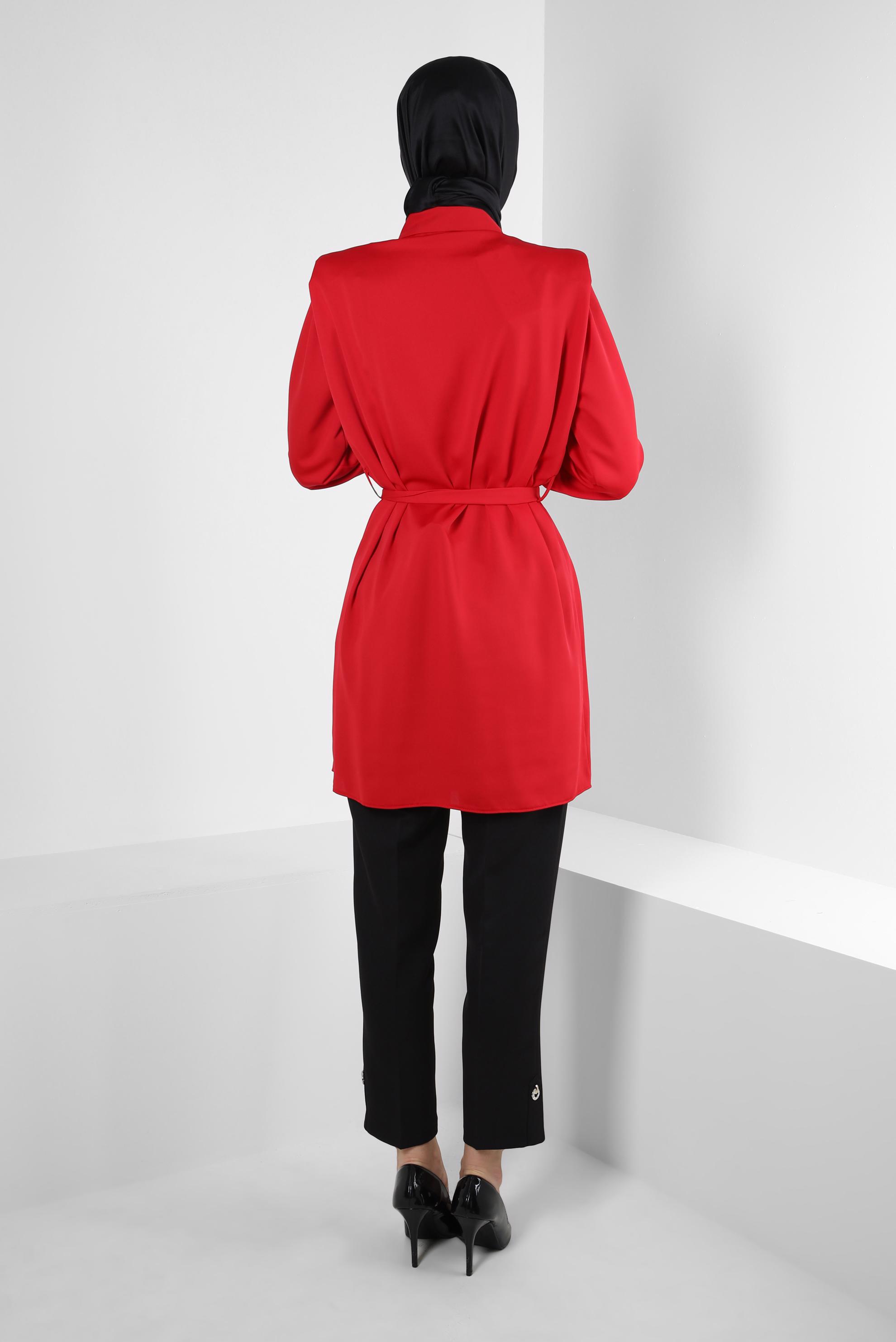 Tesettür giyim KIRMIZI KUŞAKLI VATKALI GÖMLEK TUNİK 43775