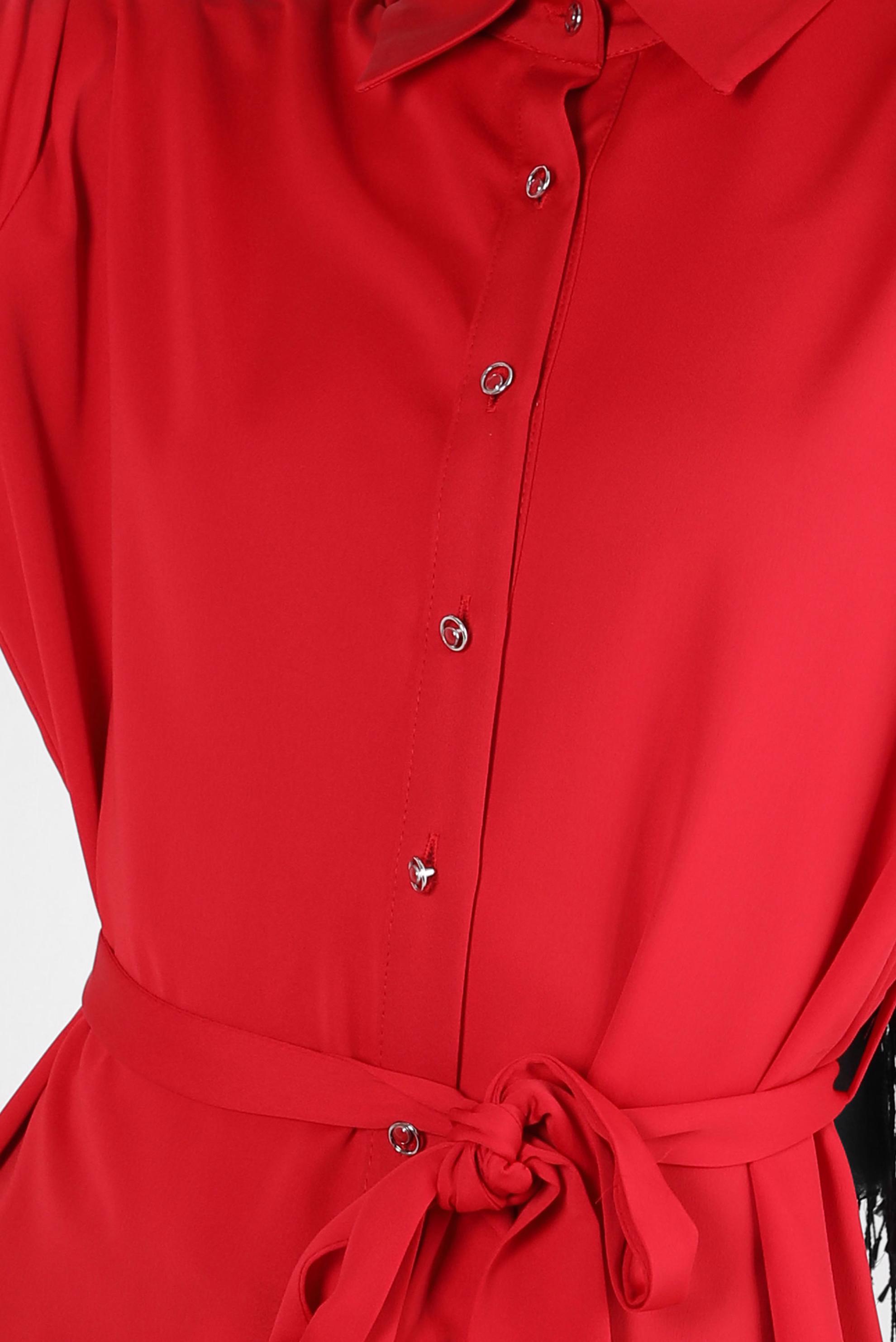 Tesettür giyim KIRMIZI KUŞAKLI VATKALI GÖMLEK TUNİK 43775