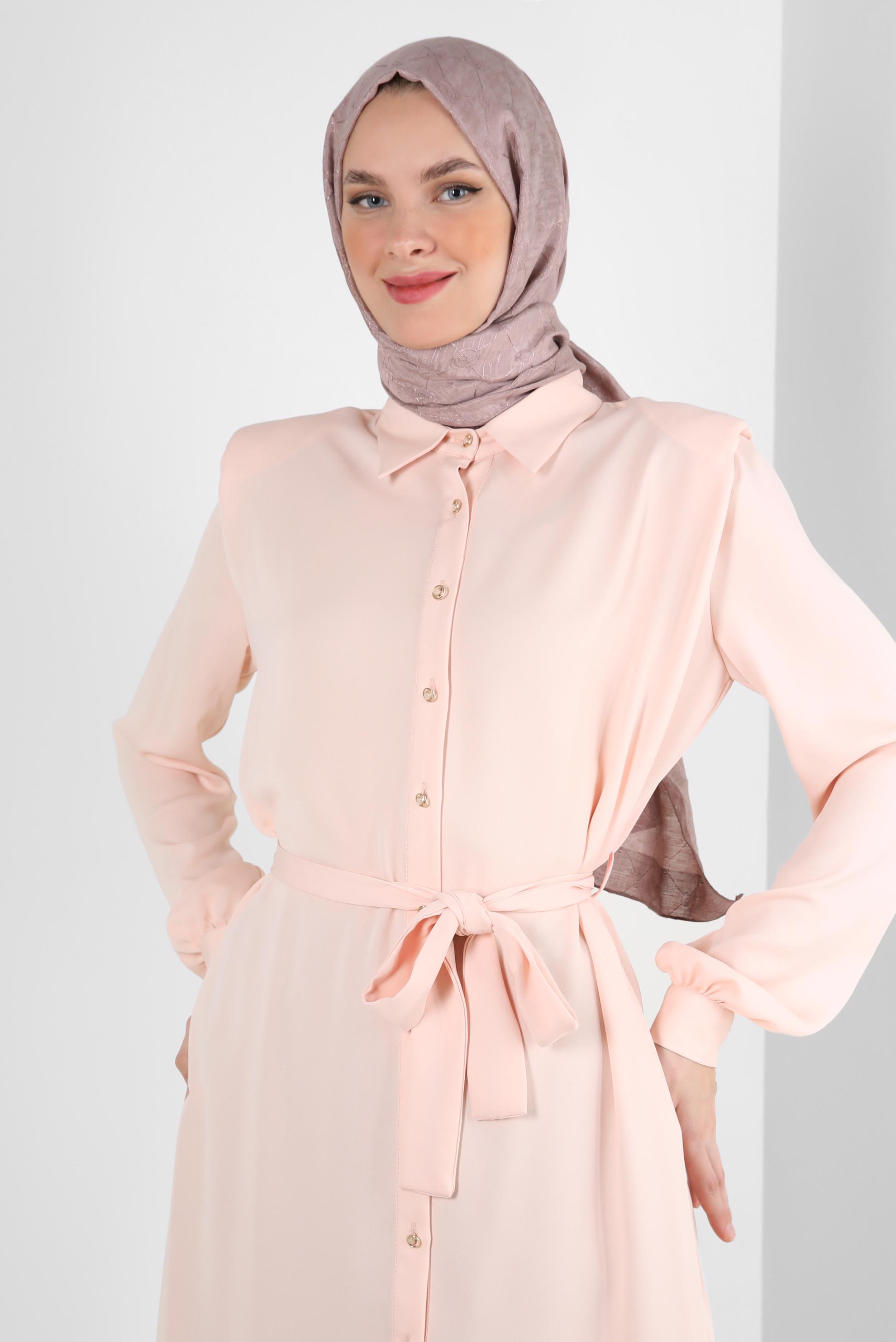 Tesettür giyim PUDRA KUŞAKLI VATKALI GÖMLEK TUNİK 43775