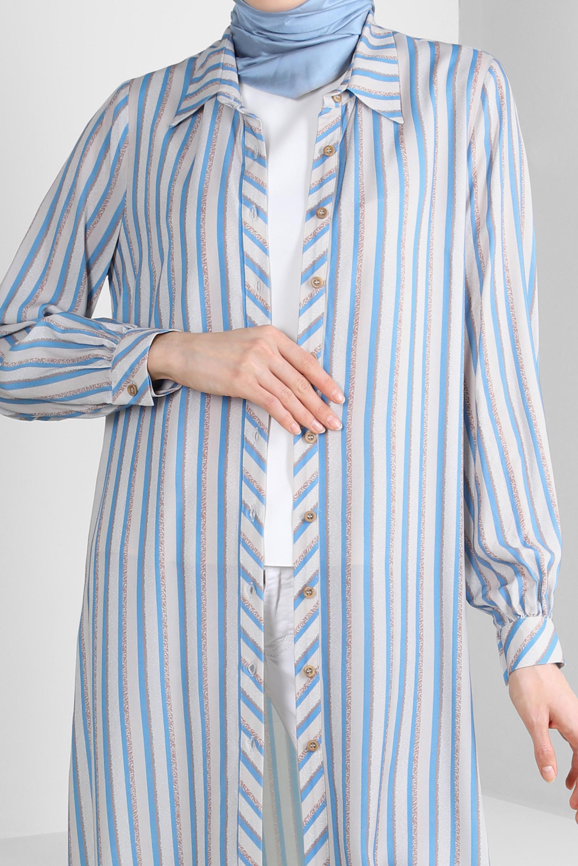 Tesettür giyim MAVİ ÇİZGİLİ YANI YIRTMAÇLI DÜĞMELİ TUNİK 43788