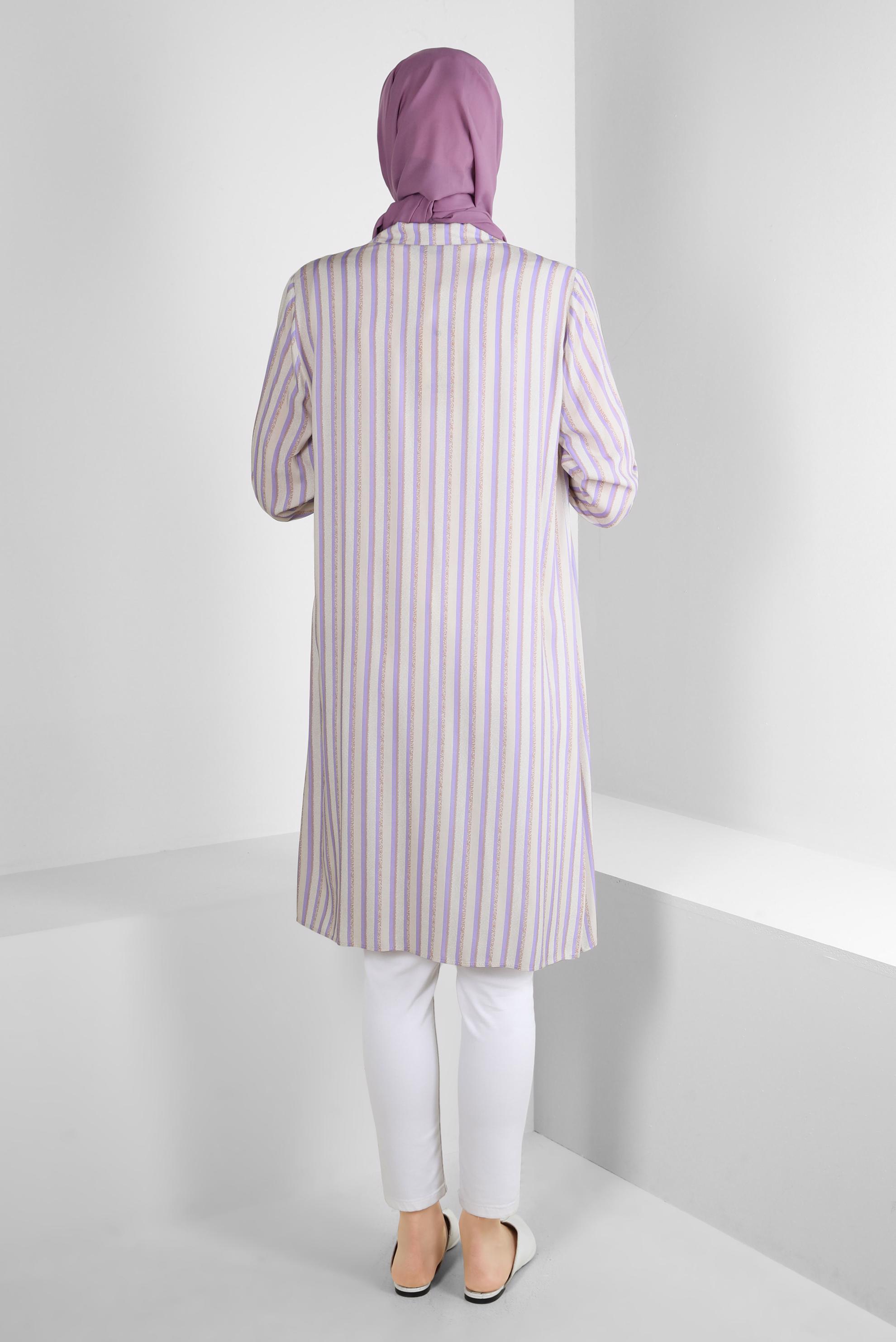 Tesettür giyim MOR ÇİZGİLİ YANI YIRTMAÇLI DÜĞMELİ TUNİK 43788