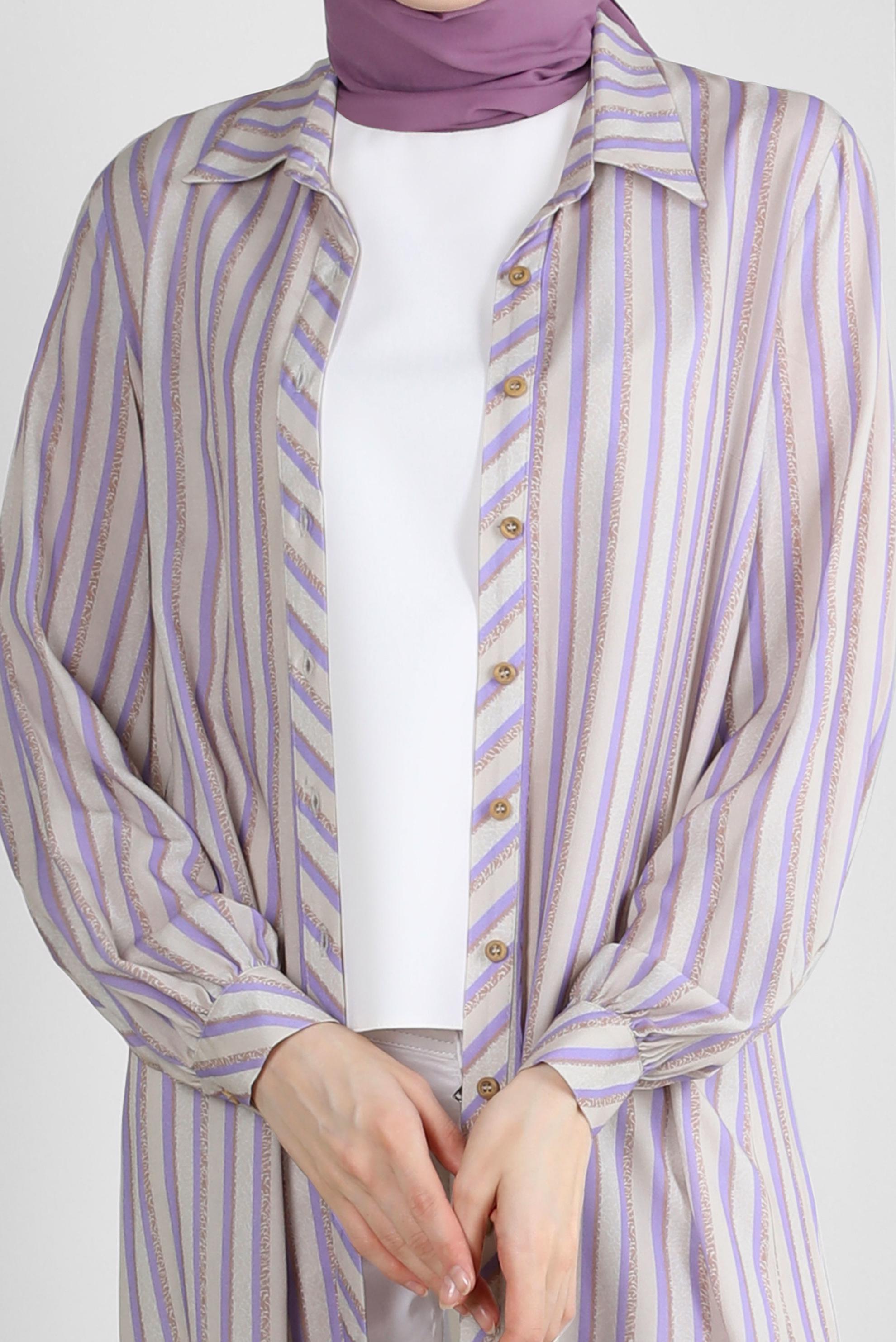 Tesettür giyim MOR ÇİZGİLİ YANI YIRTMAÇLI DÜĞMELİ TUNİK 43788