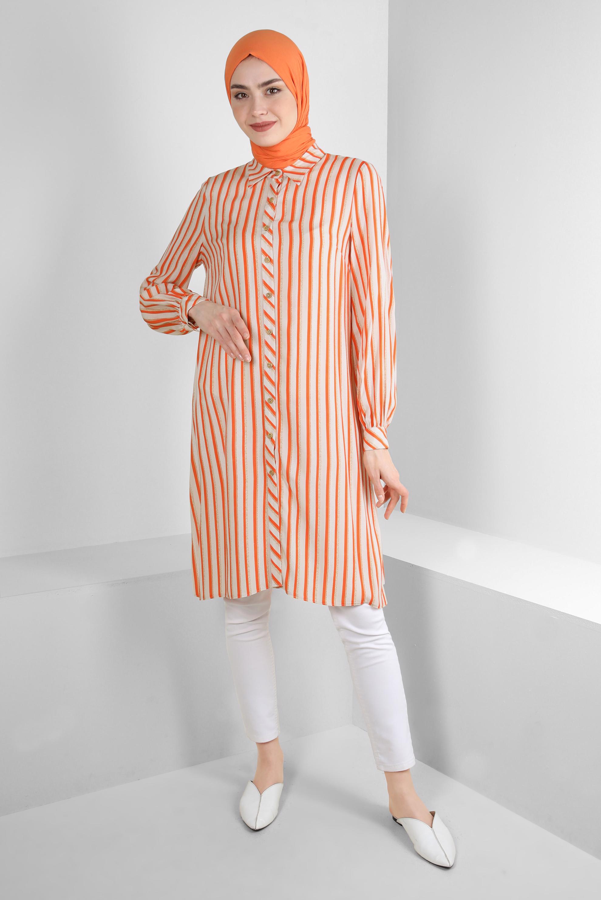 Tesettür giyim TURUNCU ÇİZGİLİ YANI YIRTMAÇLI DÜĞMELİ TUNİK 43788