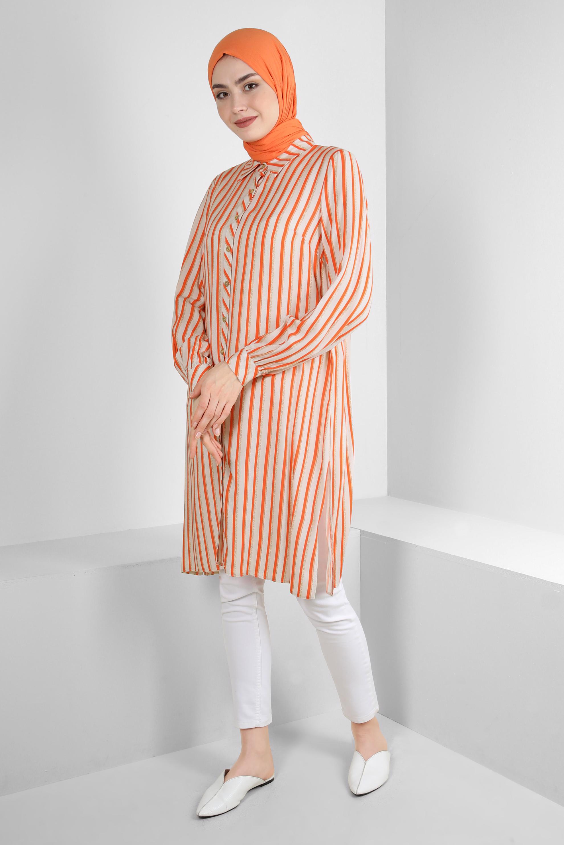 Tesettür giyim TURUNCU ÇİZGİLİ YANI YIRTMAÇLI DÜĞMELİ TUNİK 43788