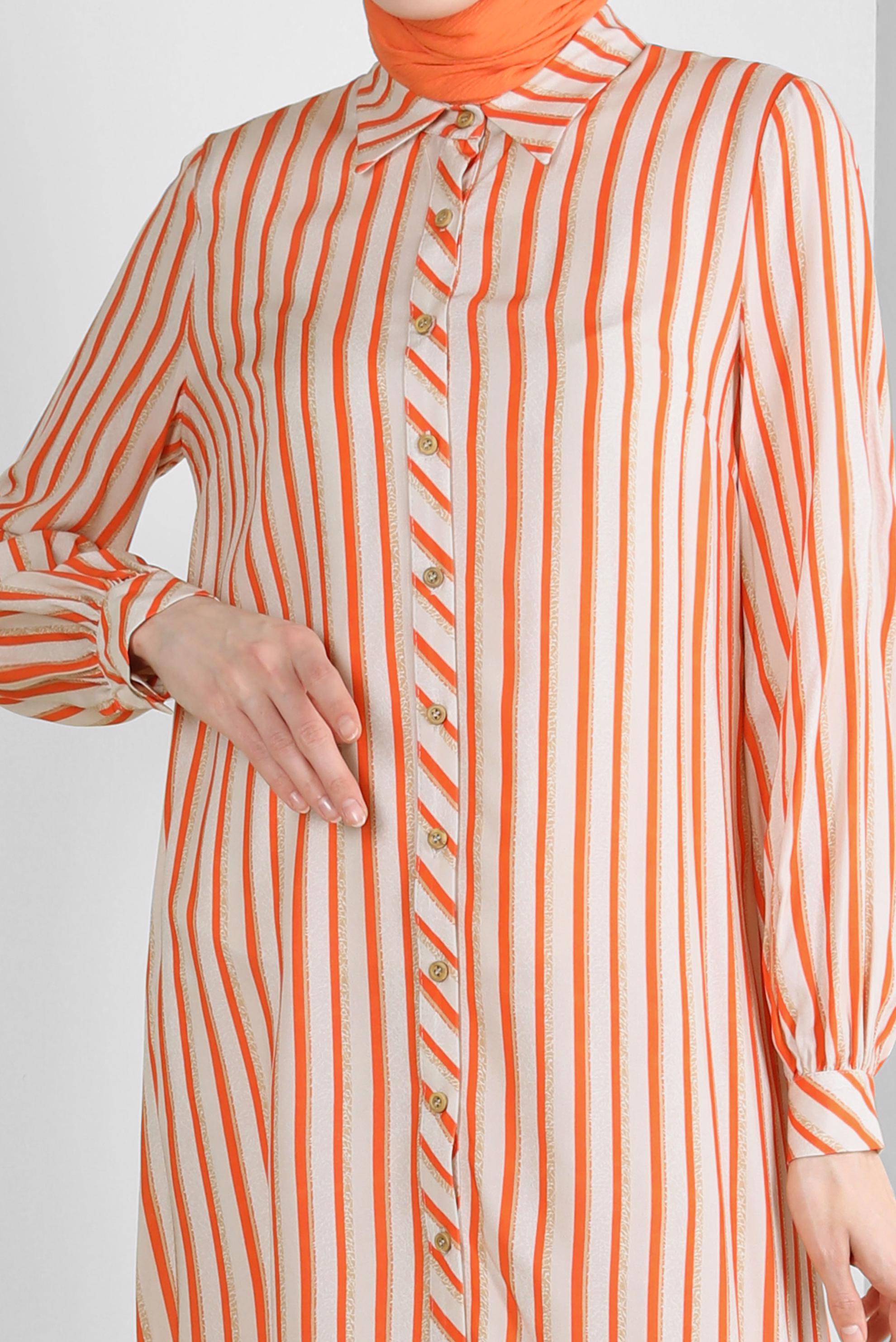 Tesettür giyim TURUNCU ÇİZGİLİ YANI YIRTMAÇLI DÜĞMELİ TUNİK 43788