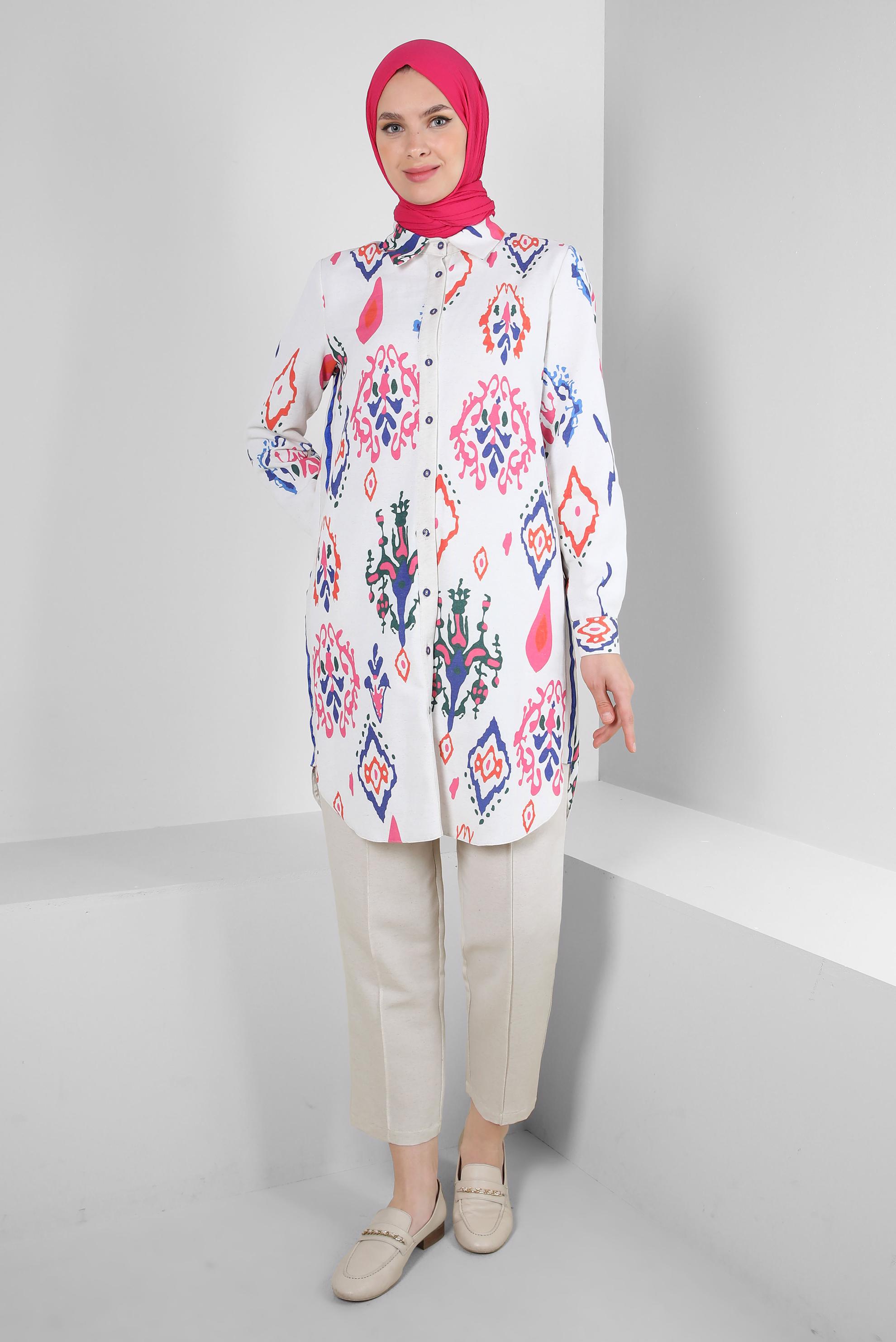 Tesettür giyim FUŞYA ETNİK DESENLİ GÖMLEK TUNİK 43789