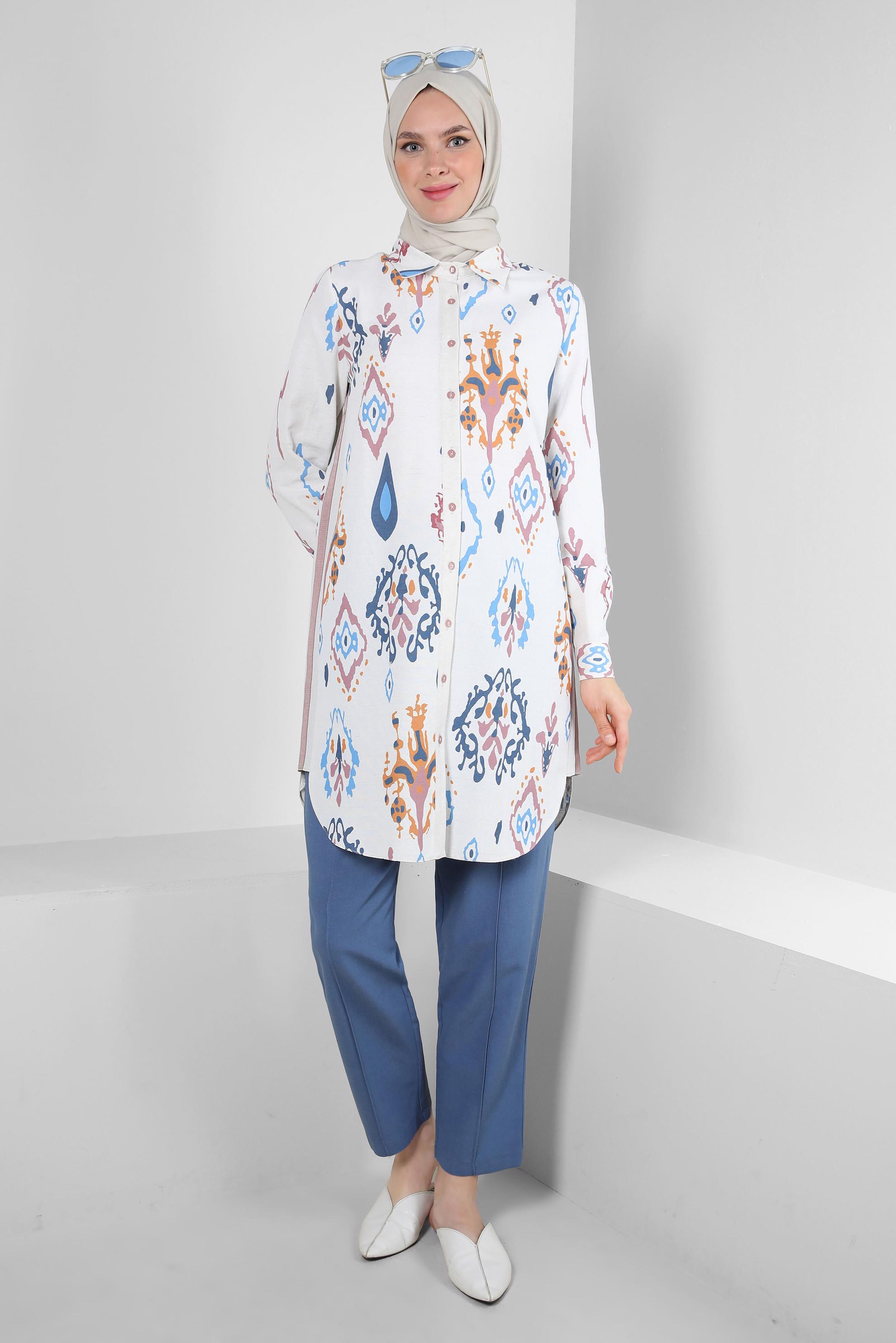Tesettür giyim PUDRA ETNİK DESENLİ GÖMLEK TUNİK 43789