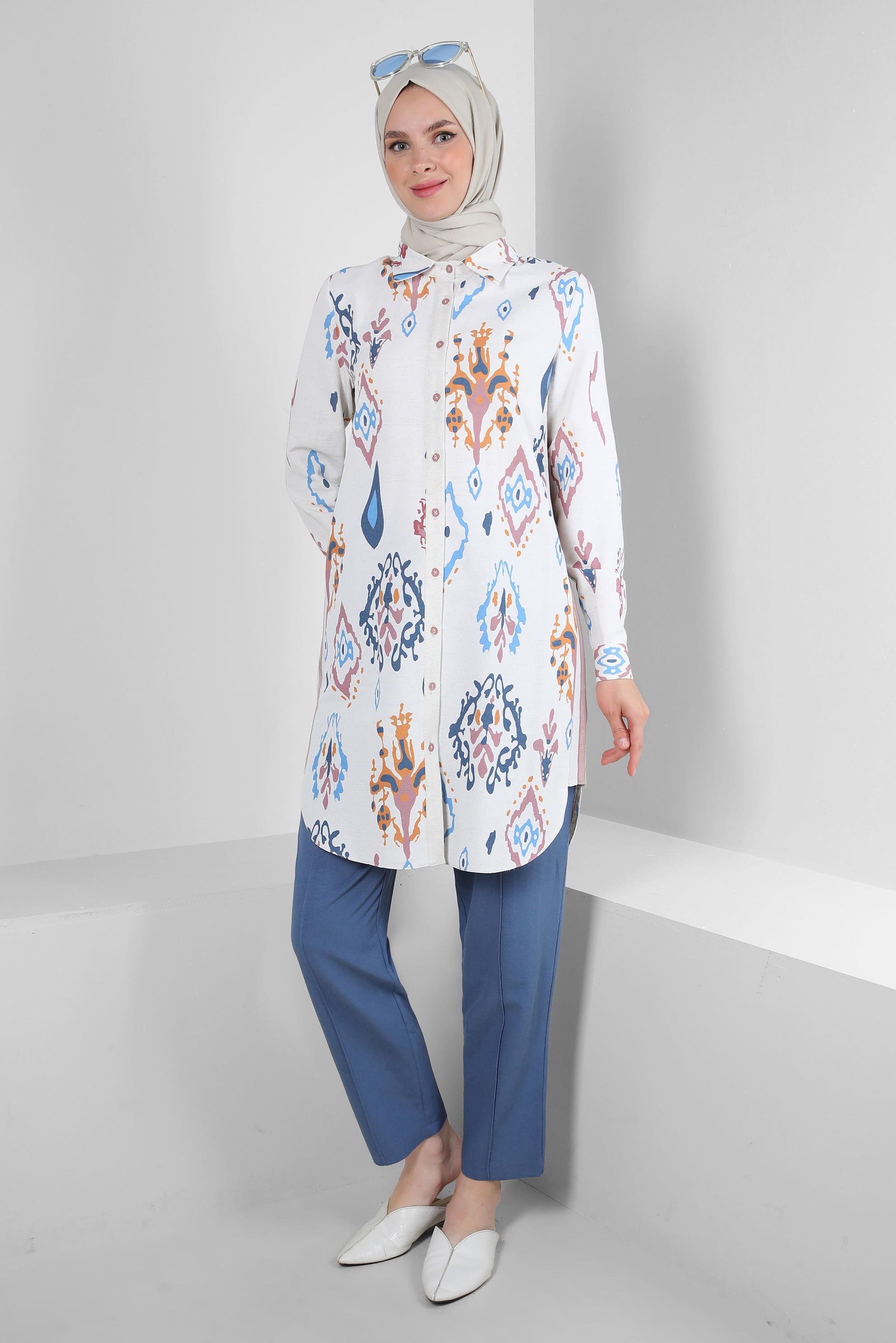 Tesettür giyim PUDRA ETNİK DESENLİ GÖMLEK TUNİK 43789