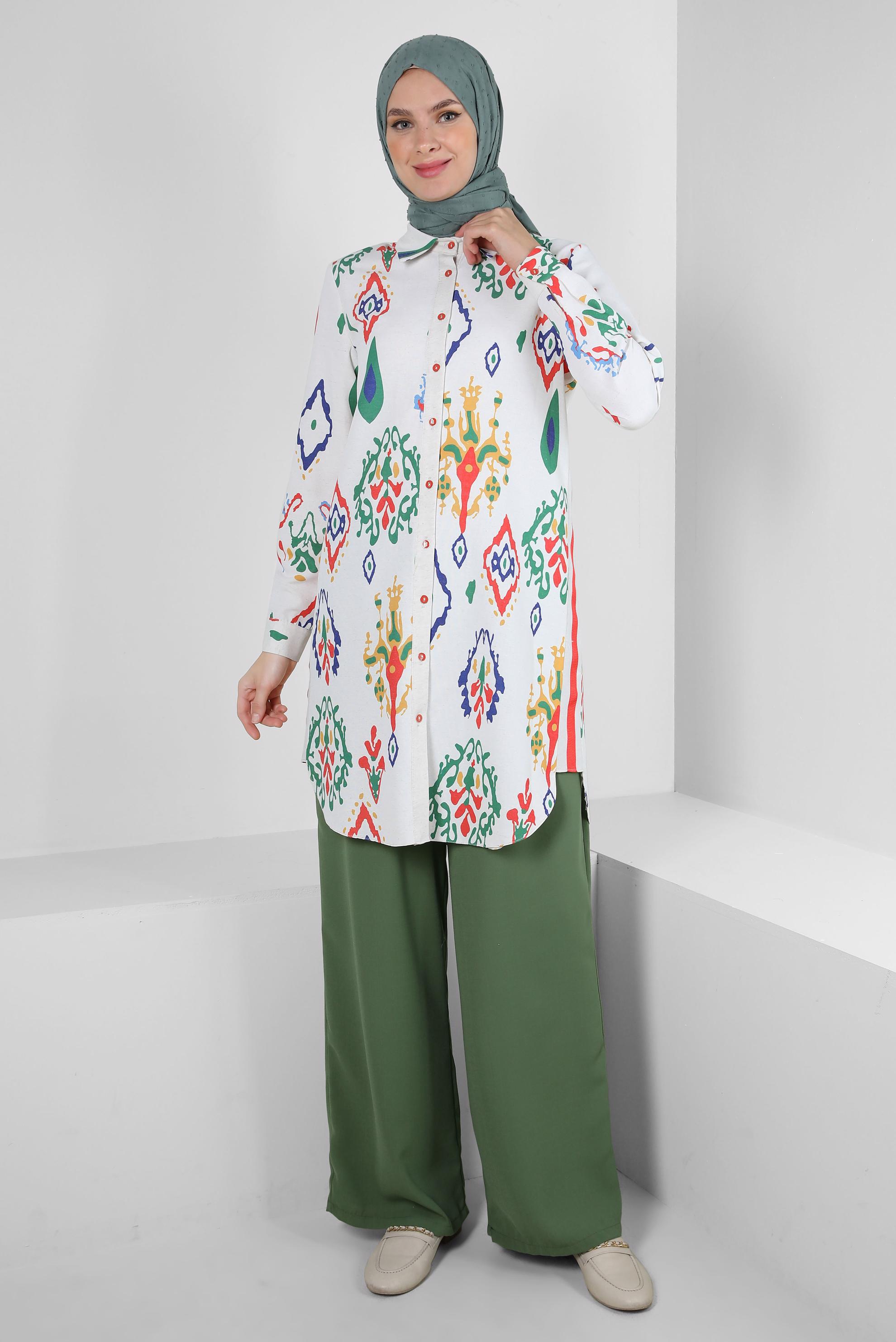 Tesettür giyim KIRMIZI ETNİK DESENLİ GÖMLEK TUNİK 43789