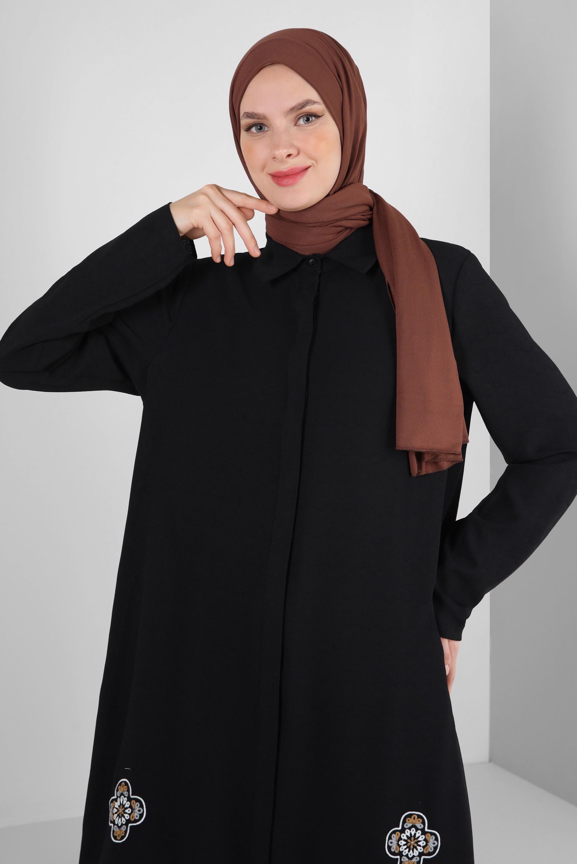 Tesettür giyim SİYAH ÇİÇEK DESENLİ GÖMLEK YAKA UZUN TUNİK 43790