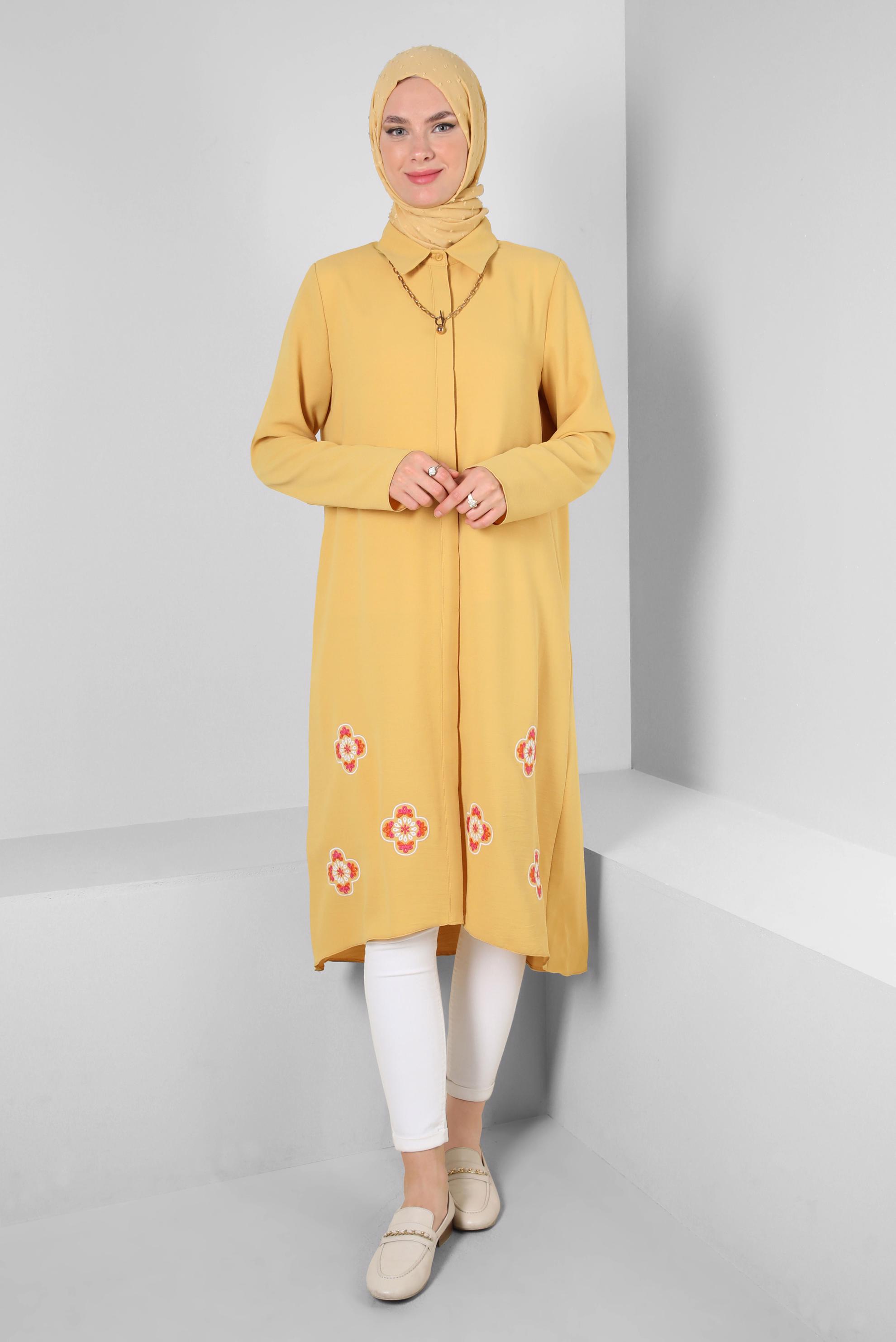 Tesettür giyim SARI ÇİÇEK DESENLİ GÖMLEK YAKA UZUN TUNİK 43790
