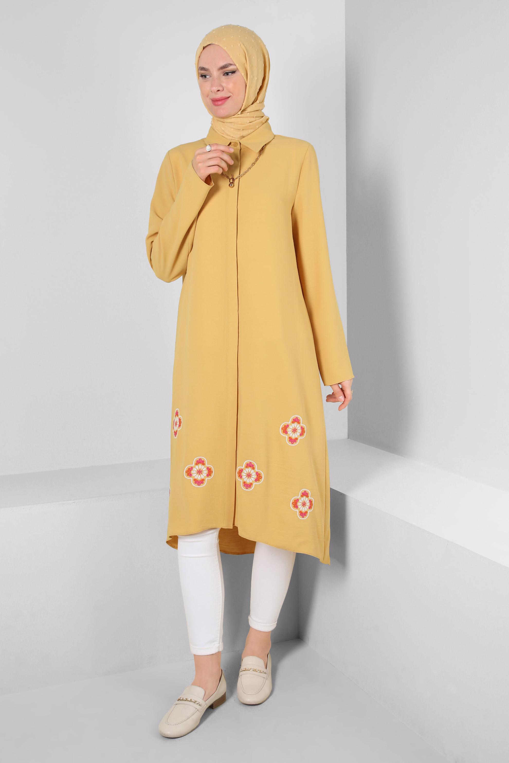 Tesettür giyim SARI ÇİÇEK DESENLİ GÖMLEK YAKA UZUN TUNİK 43790
